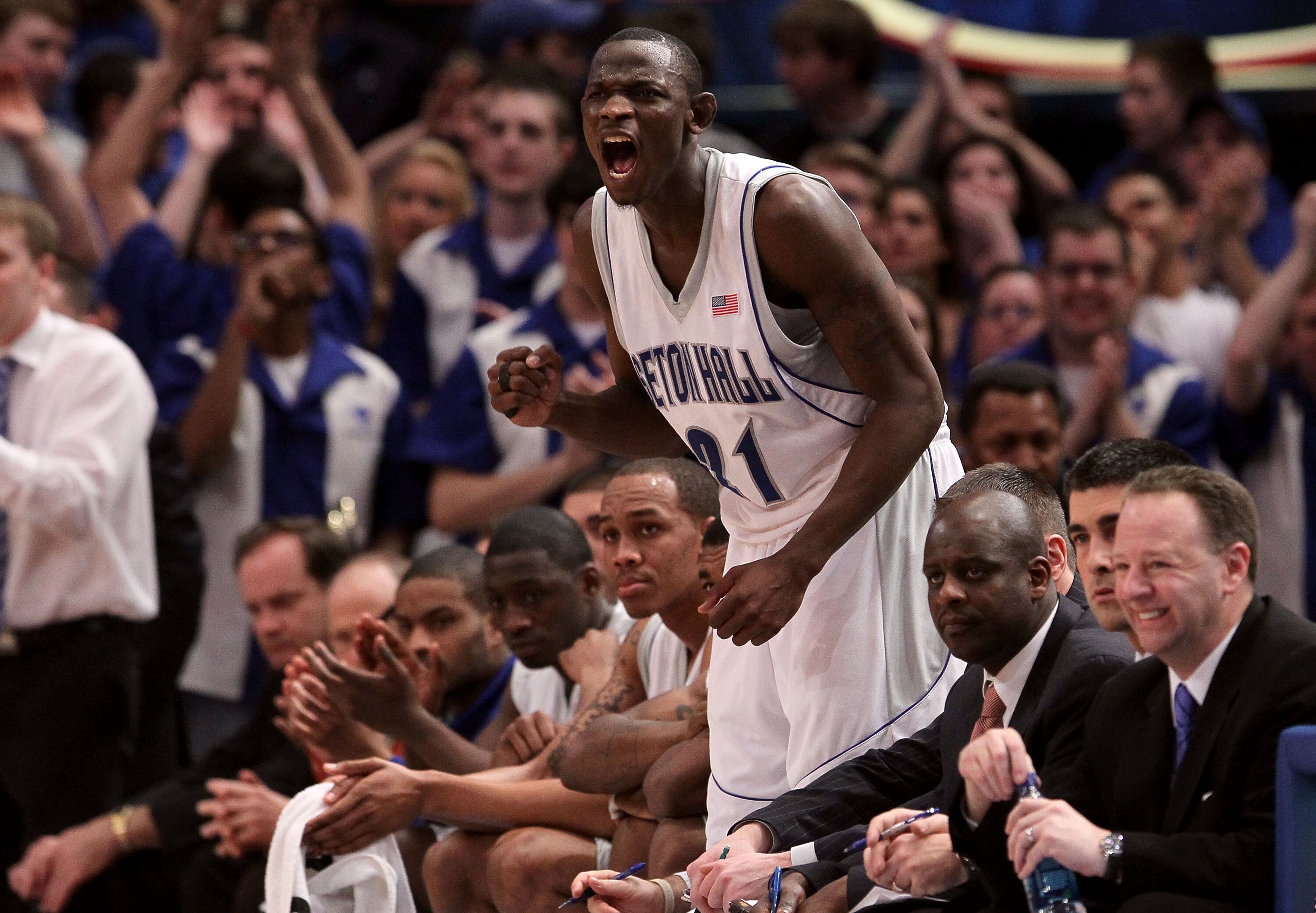 NEW YORK - MARCH 09: Jeremy Hazell #21 of the Seton Hall Pirates reacts from the bench against the Providence Friars during the first round game of the Big East Basketball Tournament at Madison Square Garden on March 9, 2010 in New York, New York.  (Photo