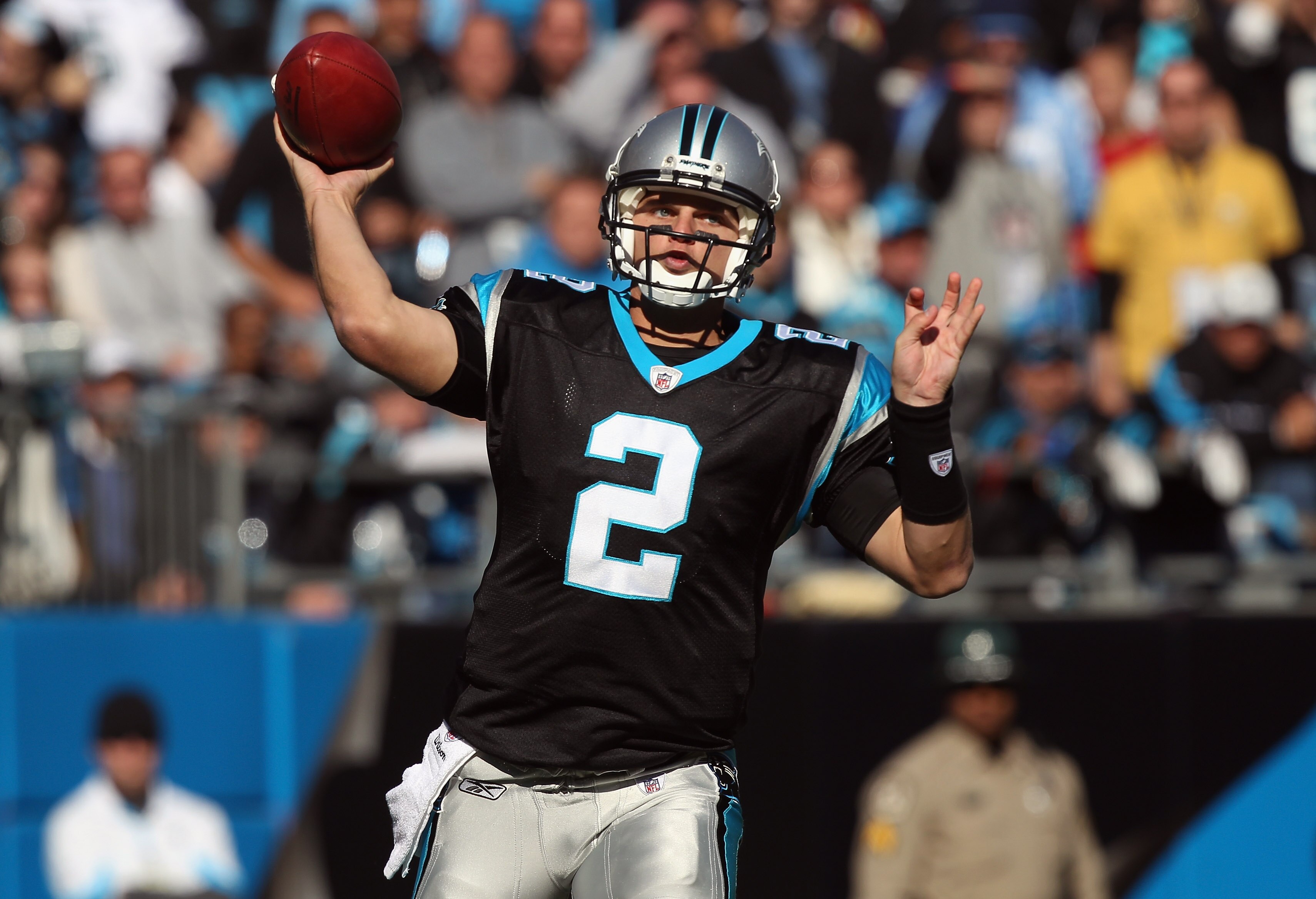 CHARLOTTE, NC - NOVEMBER 07:  Jimmy Clausen #2 of the Carolina Panthers throws a pass against the New Orleans Saints during their game at Bank of America Stadium on November 7, 2010 in Charlotte, North Carolina.  (Photo by Streeter Lecka/Getty Images)