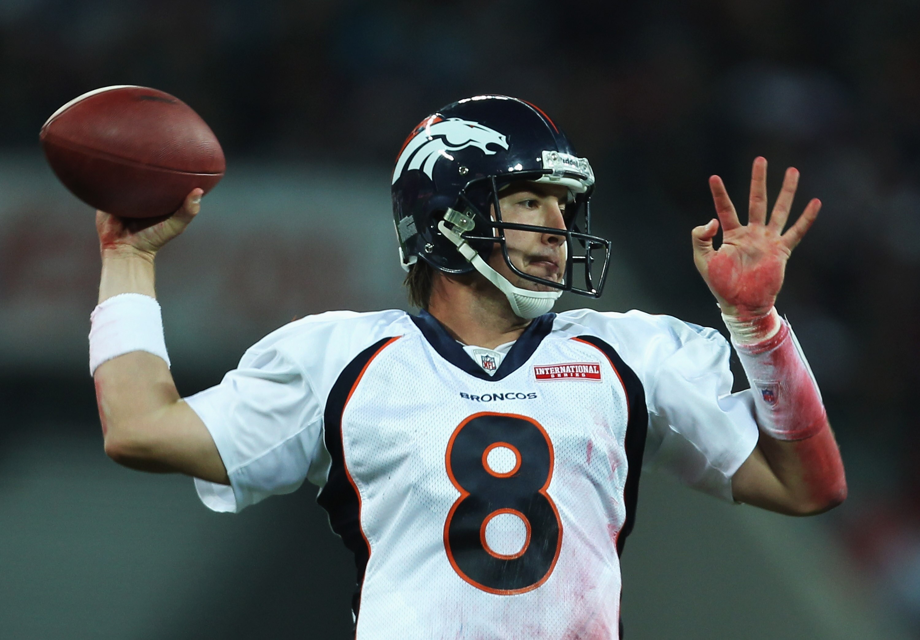 LONDON, ENGLAND - OCTOBER 31:  Kyle Orton #8 of Denver Broncos prepares to release the ball during the NFL International Series match between Denver Broncos and San Francisco 49ers at Wembley Stadium on October 31, 2010 in London, England. This is the fou
