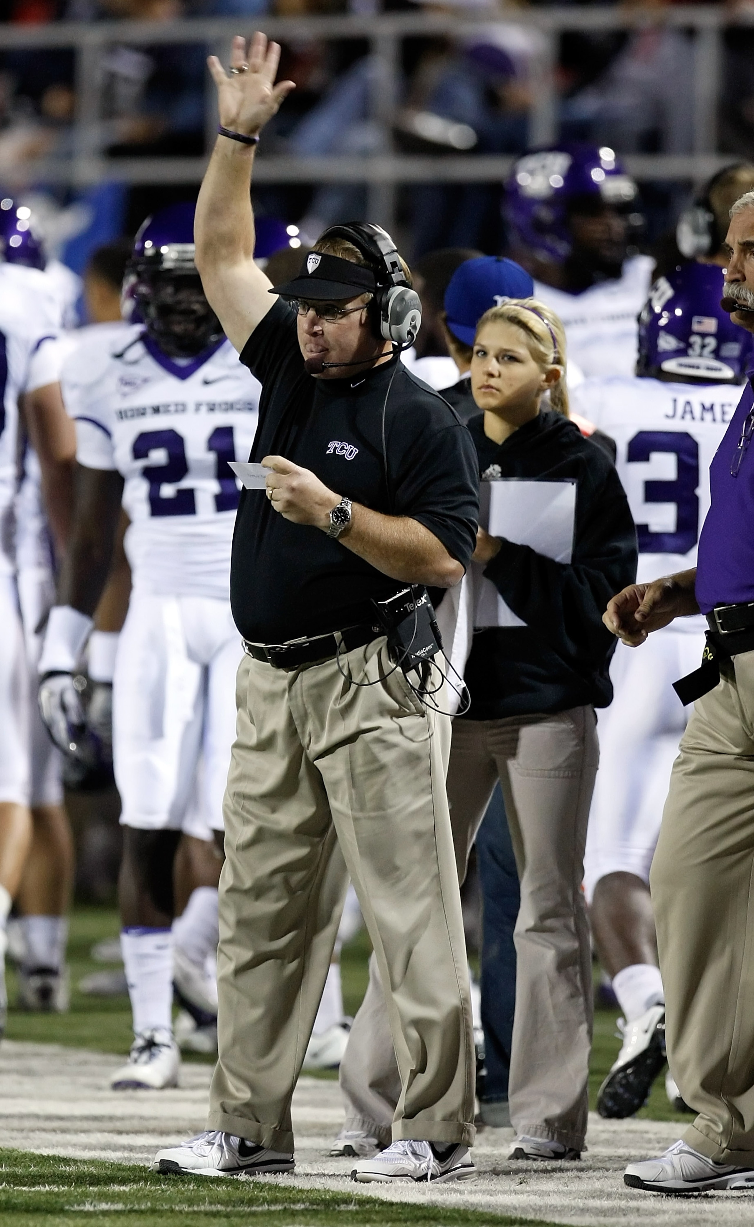 LAS VEGAS - OCTOBER 30: Texas Christian University Horned Frogs head coach Gary Patterson gestures to his players as they take on the UNLV Rebels at Sam Boyd Stadium October 30, 2010 in Las Vegas, Nevada. TCU won 48-6. (Photo by Ethan Miller/Getty Image LAS VEGAS - OCTOBER 30: Texas Christian University Horned Frogs head coach Gary Patterson gestures to his players as they take on the UNLV Rebels at Sam Boyd Stadium October 30, 2010 in Las Vegas, Nevada. TCU won 48-6. (Photo by Ethan Miller/Getty Image