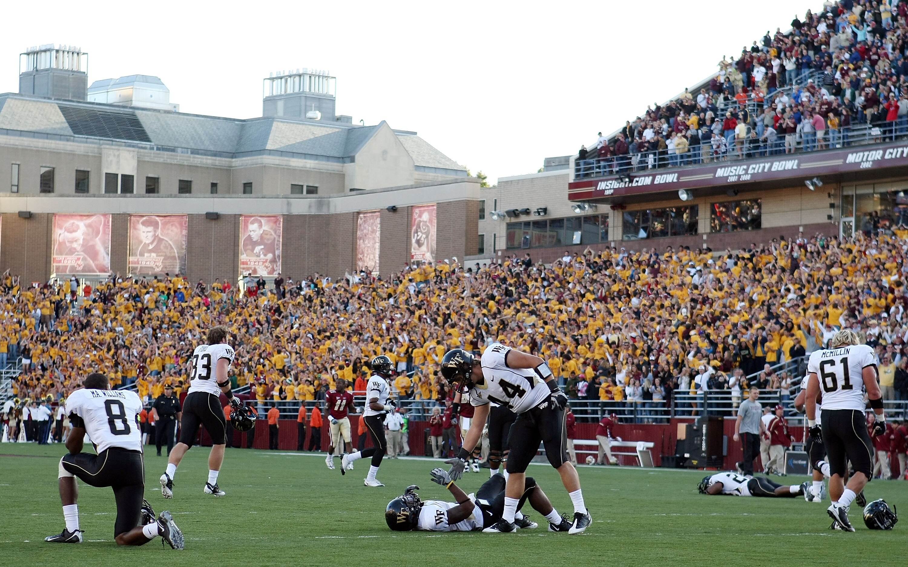 CHESTNUT HILL, MA - SEPTEMBER 26:  The Wake Forest Demon Deacons react to the overtime loss to the Boston College Eagles on September 26, 2009 at Alumni Stadium in Chestnut Hill, Massachusetts. Boston College defeated Wake Forest 27-24 in overtime. (Photo