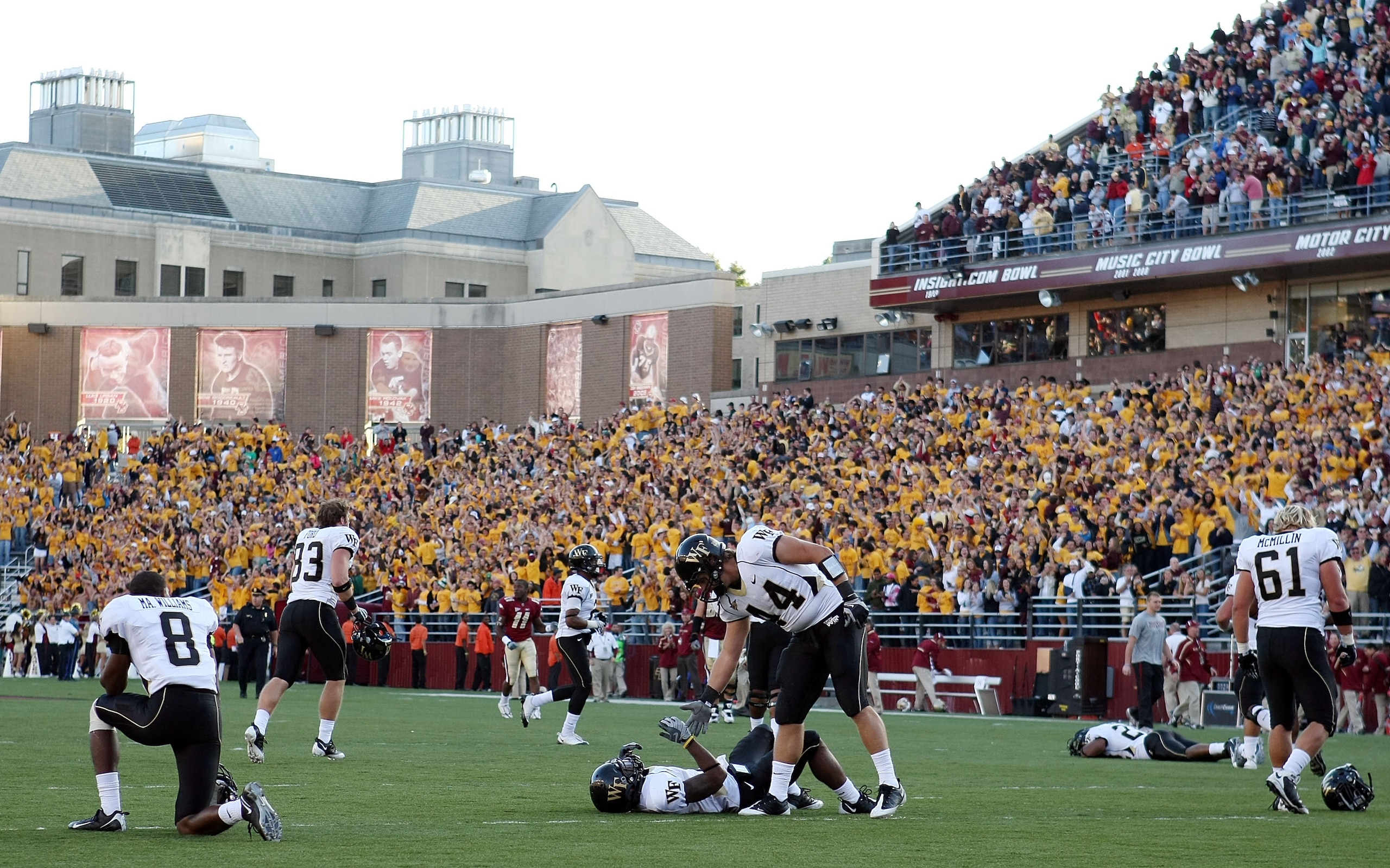 CHESTNUT HILL, MA - SEPTEMBER 26:  The Wake Forest Demon Deacons react to the overtime loss to the Boston College Eagles on September 26, 2009 at Alumni Stadium in Chestnut Hill, Massachusetts. Boston College defeated Wake Forest 27-24 in overtime. (Photo