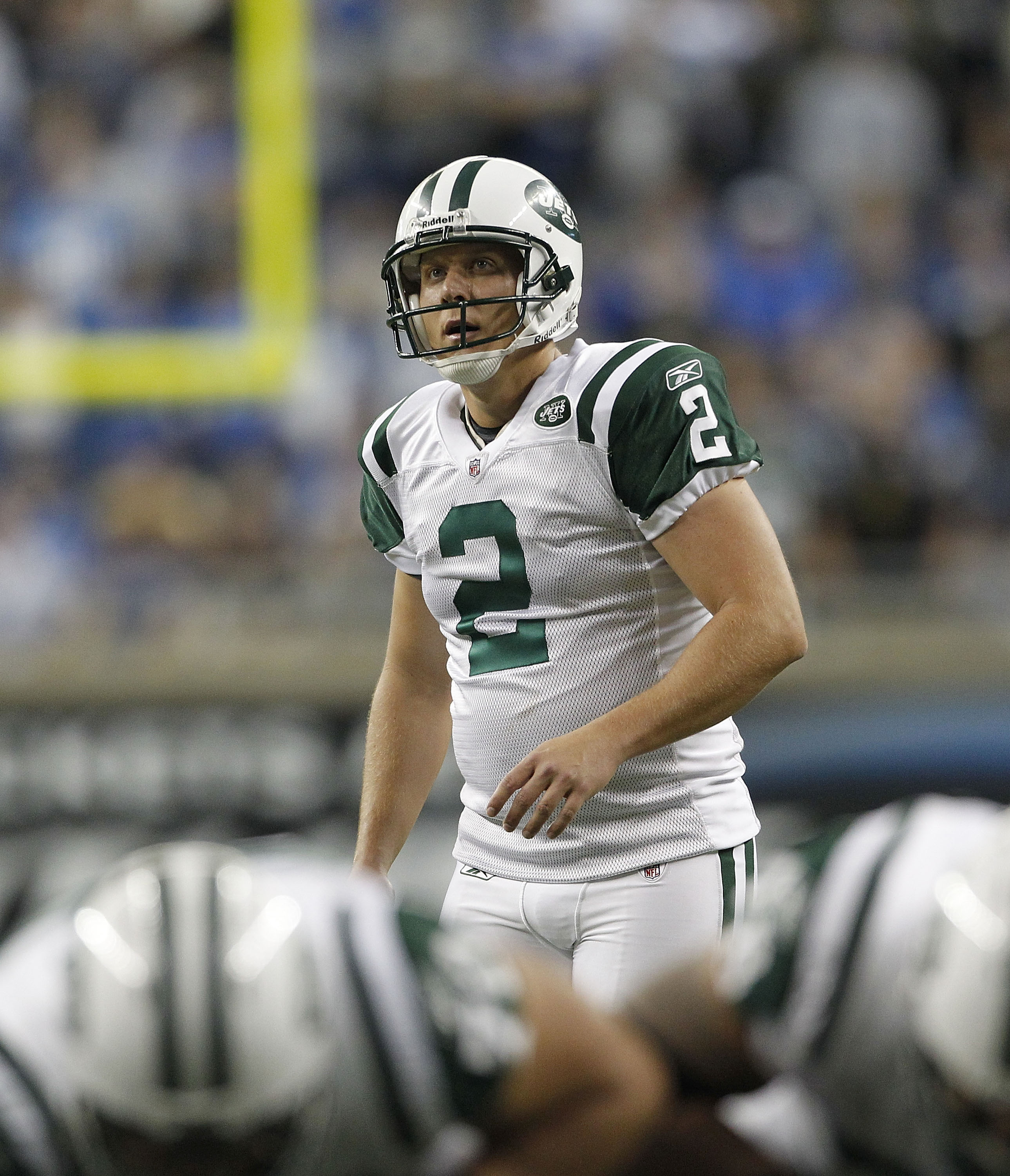 DETROIT - NOVEMBER 07: Nick Folk #2 of the New York Jets gets ready to kick the game winning field goal during the overtime period of the game against the Detroit Lions at Ford Field on November 7, 2010 in Detroit, Michigan. The Jets defeated the Lions 23