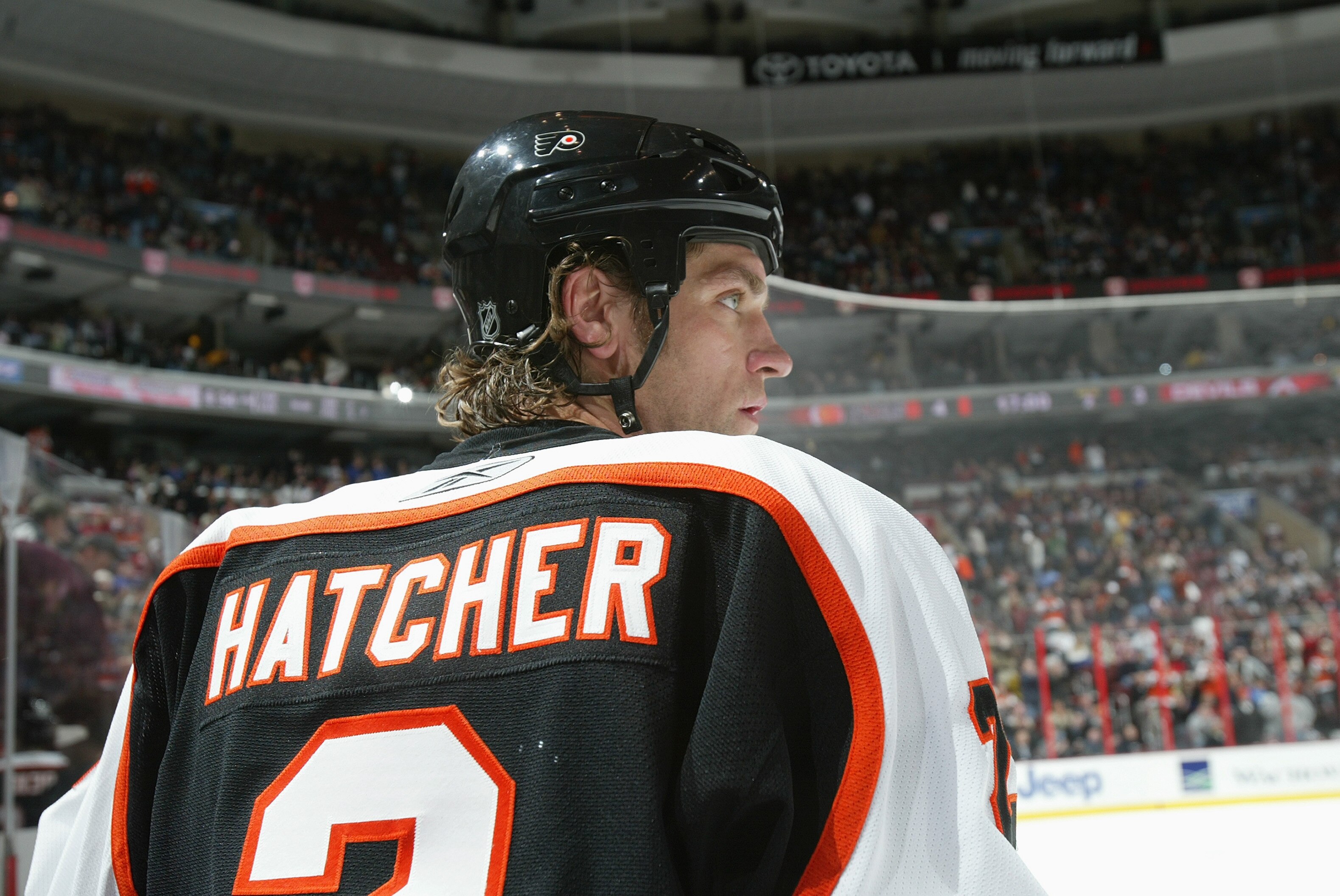 PHILADELPHIA - MARCH 6:  Derian Hatcher #2 of the Philadelphia Flyers looks on against the New Jersey Devils at Wachovia Center on March 6, 2007 in Philadelphia, Pennsylvania. The Flyers won 5-4 in overtime. (Photo by Len Redkoles/Getty Images)