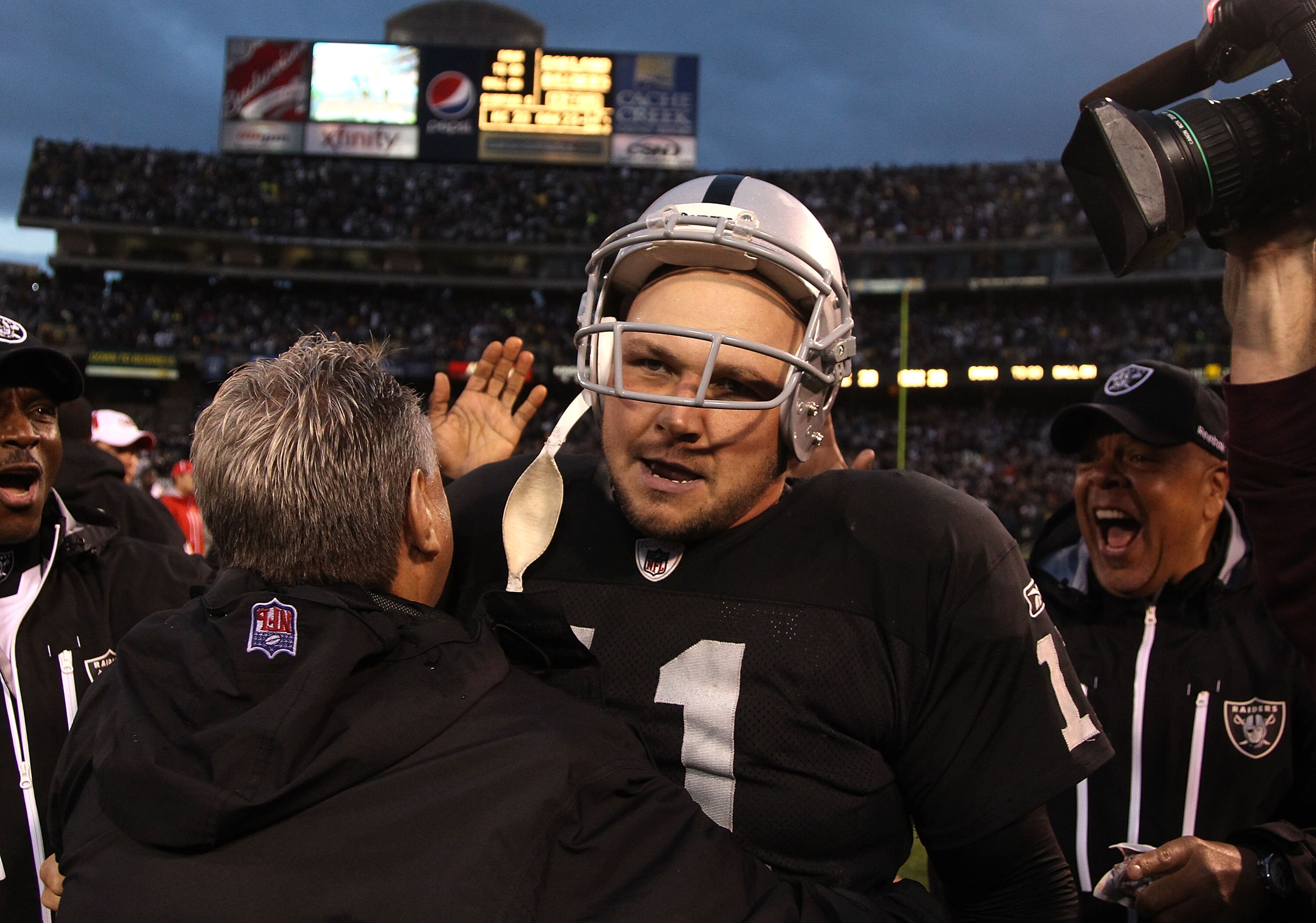 OAKLAND, CA - NOVEMBER 07:  Sebastian Janikowski #11 of the Oakland Raiders celebrates after kicking the game winning field goal in overtime against the Kansas City Chiefs during an NFL game at Oakland-Alameda County Coliseum on November 7, 2010 in Oaklan