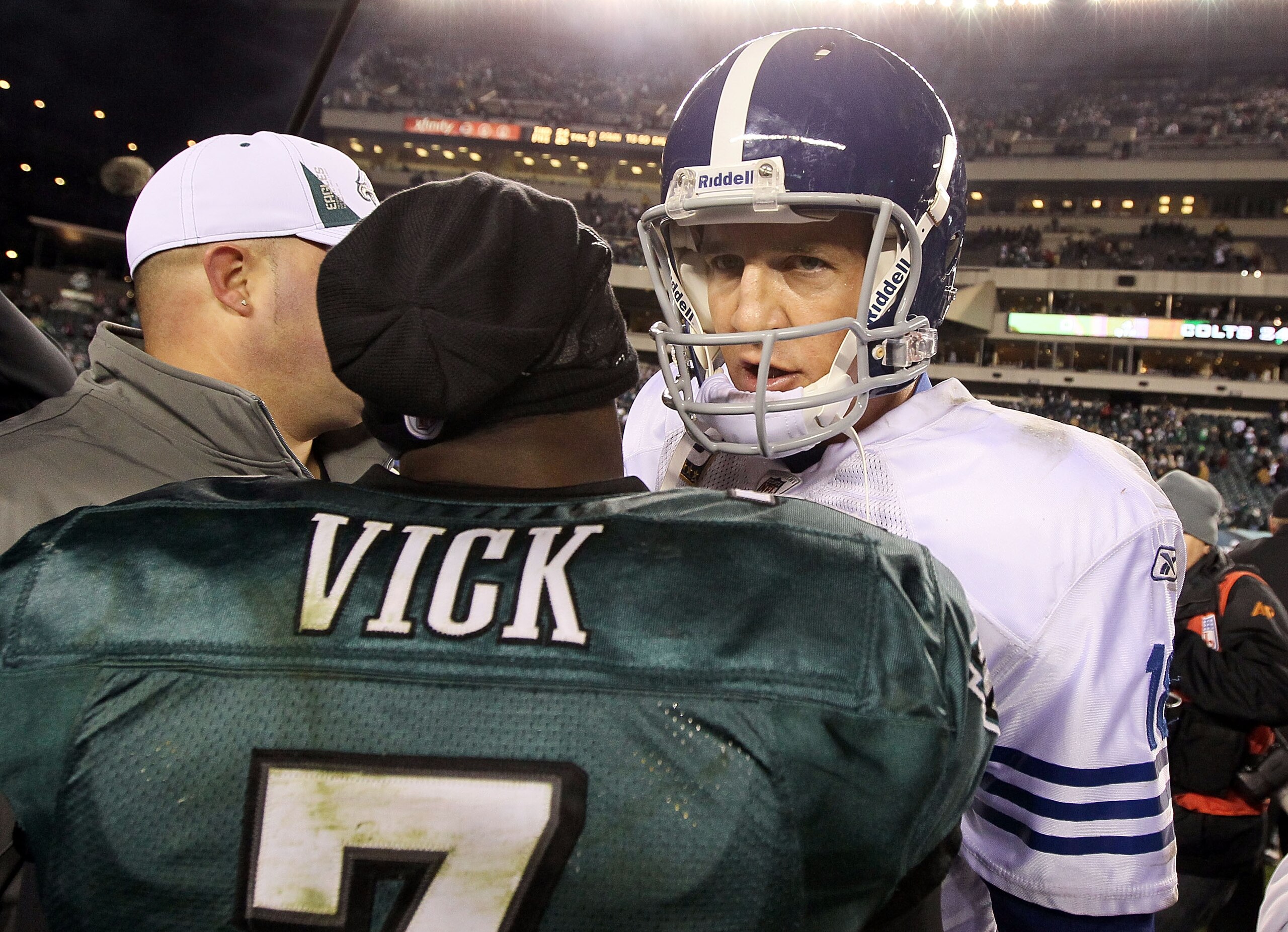 PHILADELPHIA - NOVEMBER 07: Peyton Manning #18 of the Indianapolis Colts congratulates Michael Vick #7 of the Philadelphia Eagles after their game on November 7, 2010 at Lincoln Financial Field in Philadelphia, Pennsylvania. The Eagles defeated the Colt PHILADELPHIA - NOVEMBER 07: Peyton Manning #18 of the Indianapolis Colts congratulates Michael Vick #7 of the Philadelphia Eagles after their game on November 7, 2010 at Lincoln Financial Field in Philadelphia, Pennsylvania. The Eagles defeated the Colt