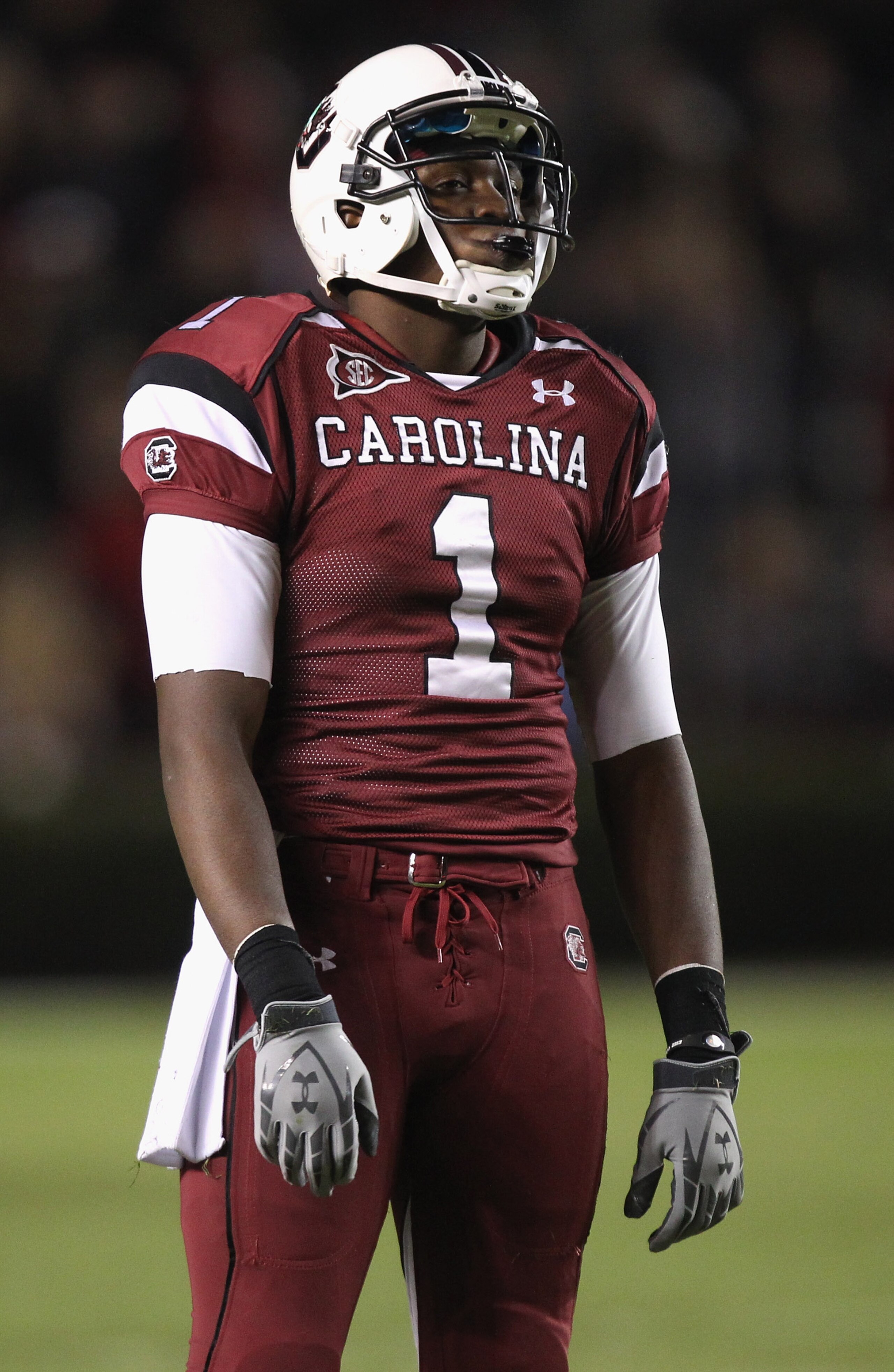 COLUMBIA, SC - NOVEMBER 06:  Alshon Jeffery #1 of the South Carolina Gamecocks reacts during their game against the Arkansas Razorbacks at Williams-Brice Stadium on November 6, 2010 in Columbia, South Carolina.  (Photo by Streeter Lecka/Getty Images)
