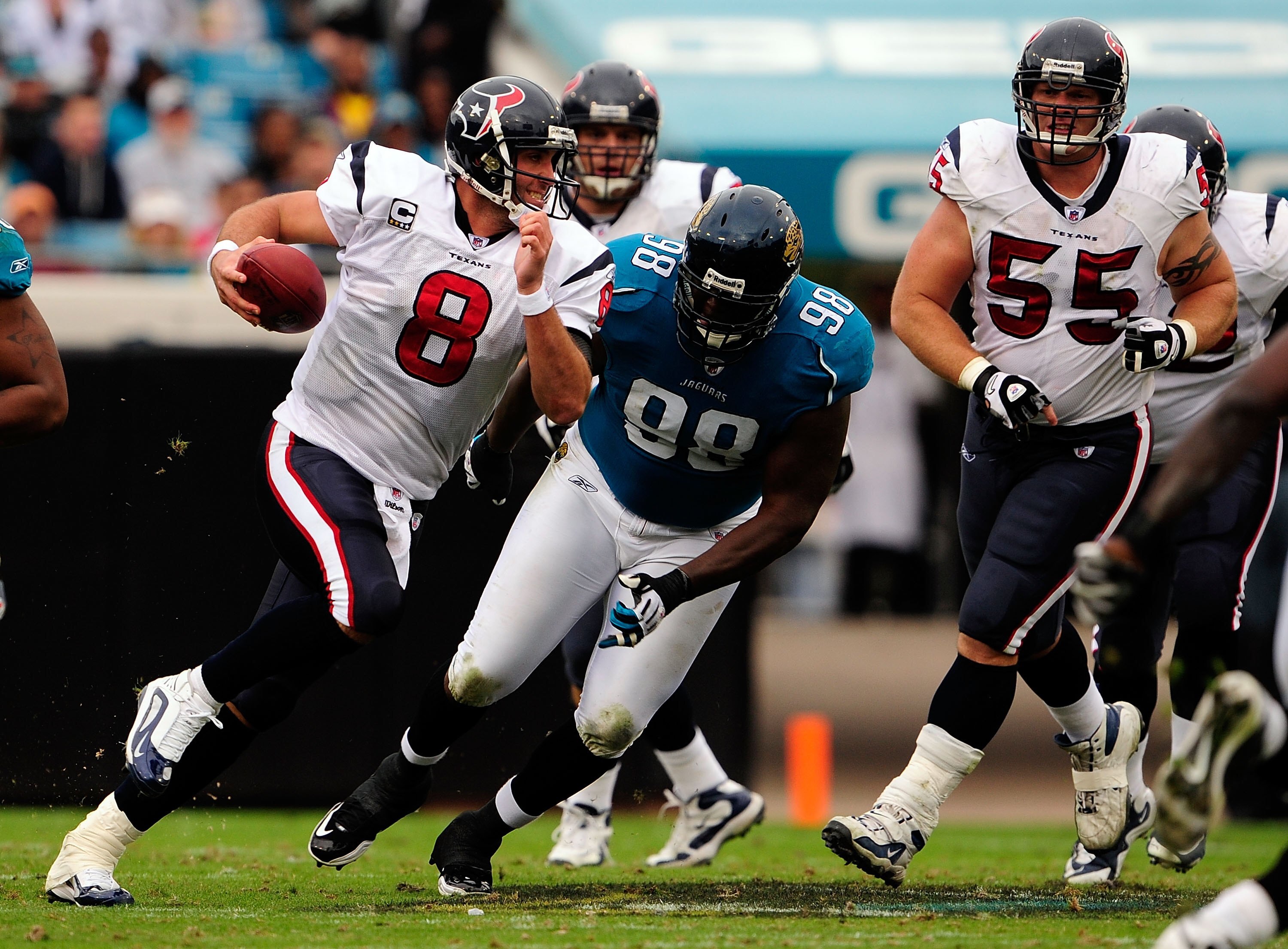 JACKSONVILLE, FL - DECEMBER 06:  John Henderson #98 of the Jacksonville Jaguars pressures Matt Schaub #8 of the Houston Texnas during the game at Jacksonville Municipal Stadium on December 6, 2009 in Jacksonville, Florida.  (Photo by Sam Greenwood/Getty I