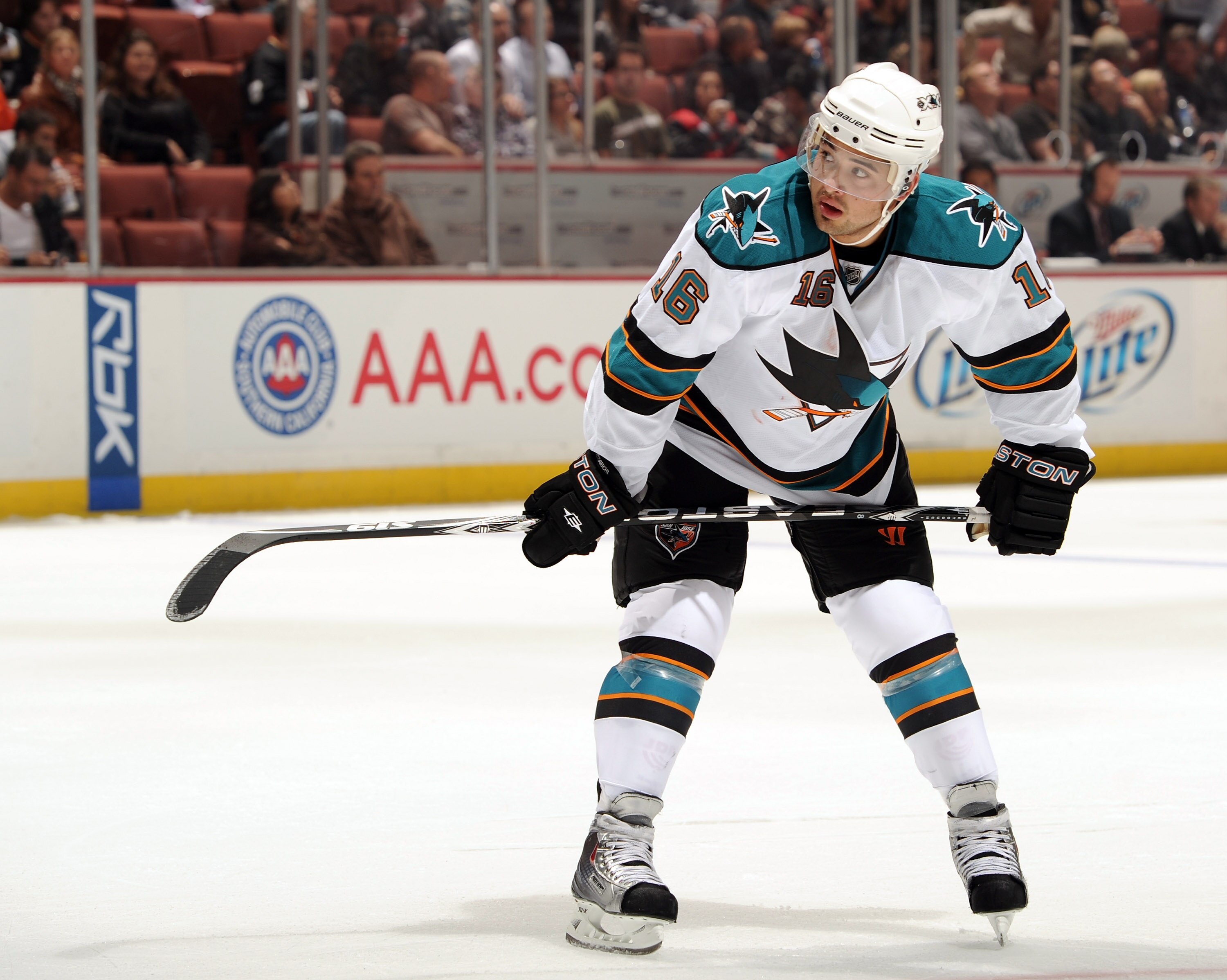 ANAHEIM, CA - SEPTEMBER 22:  Devin Setoguchi #16 of the San Jose Sharks lines up for a faceoff against the Anaheim Ducks at Honda Center on September 22, 2010 in Anaheim, California.  (Photo by Harry How/Getty Images)