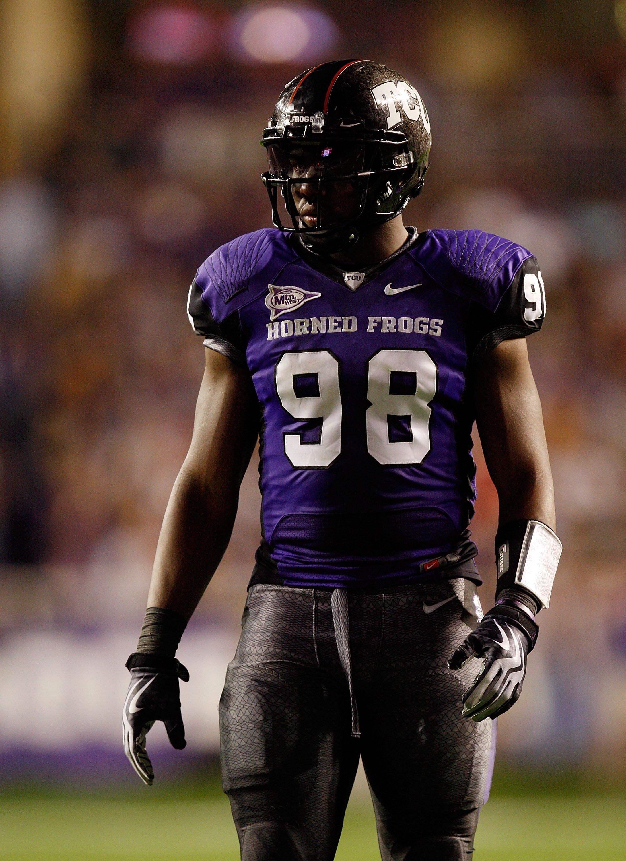 FORT WORTH, TX - NOVEMBER 14:  Defensive end Jerry Hughes #98 of the TCU Horned Frogs at Amon G. Carter Stadium on November 14, 2009 in Fort Worth, Texas.  (Photo by Ronald Martinez/Getty Images)