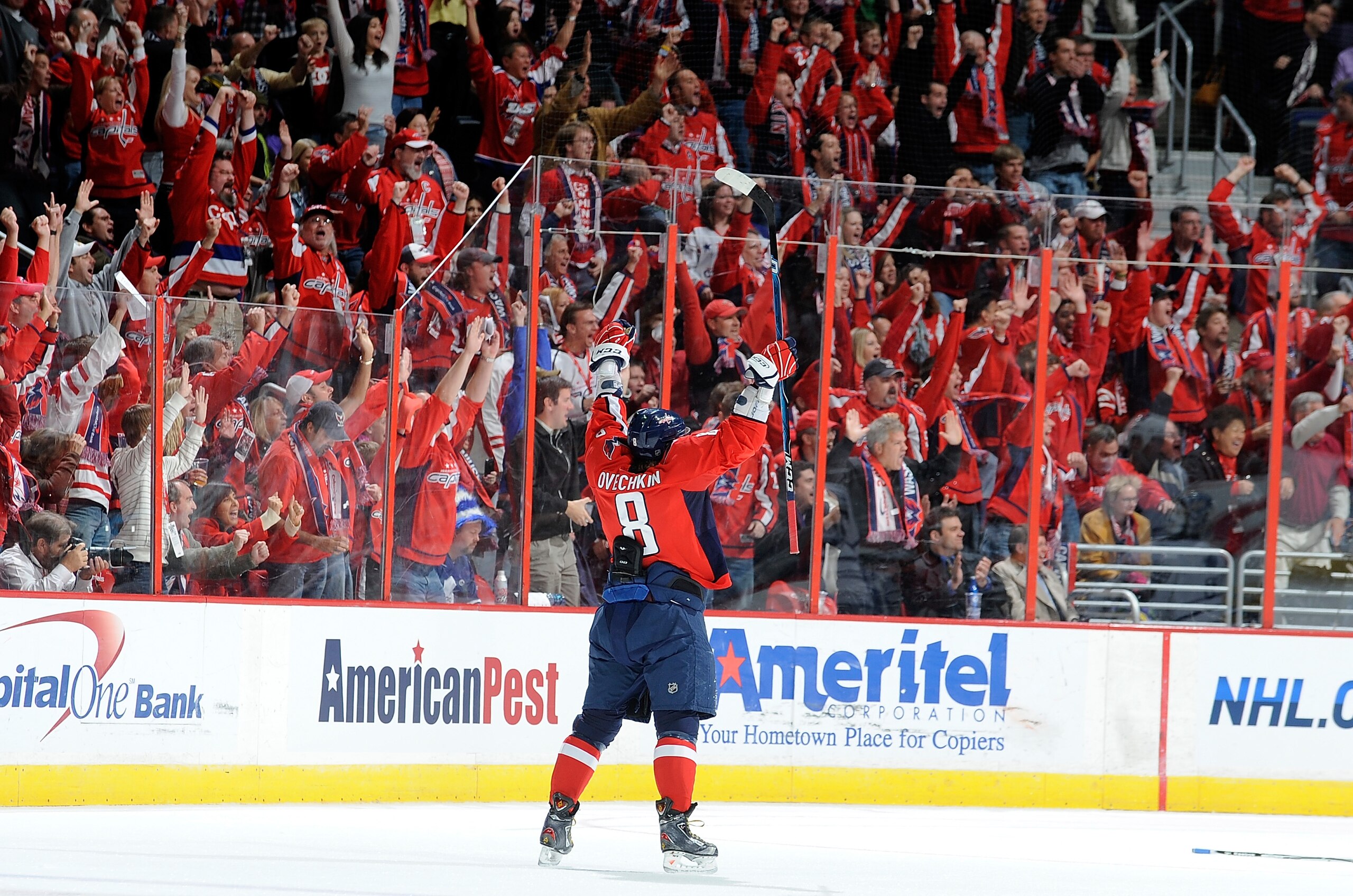 WASHINGTON - NOVEMBER 03:  Alex Ovechkin #8 of the Washington Capitals celebrates a Capitals goal in the third period against the Toronto Maple Leafs at the Verizon Center on November 3, 2010 in Washington, DC.  The Washington Captials won 5-4 in a shooto