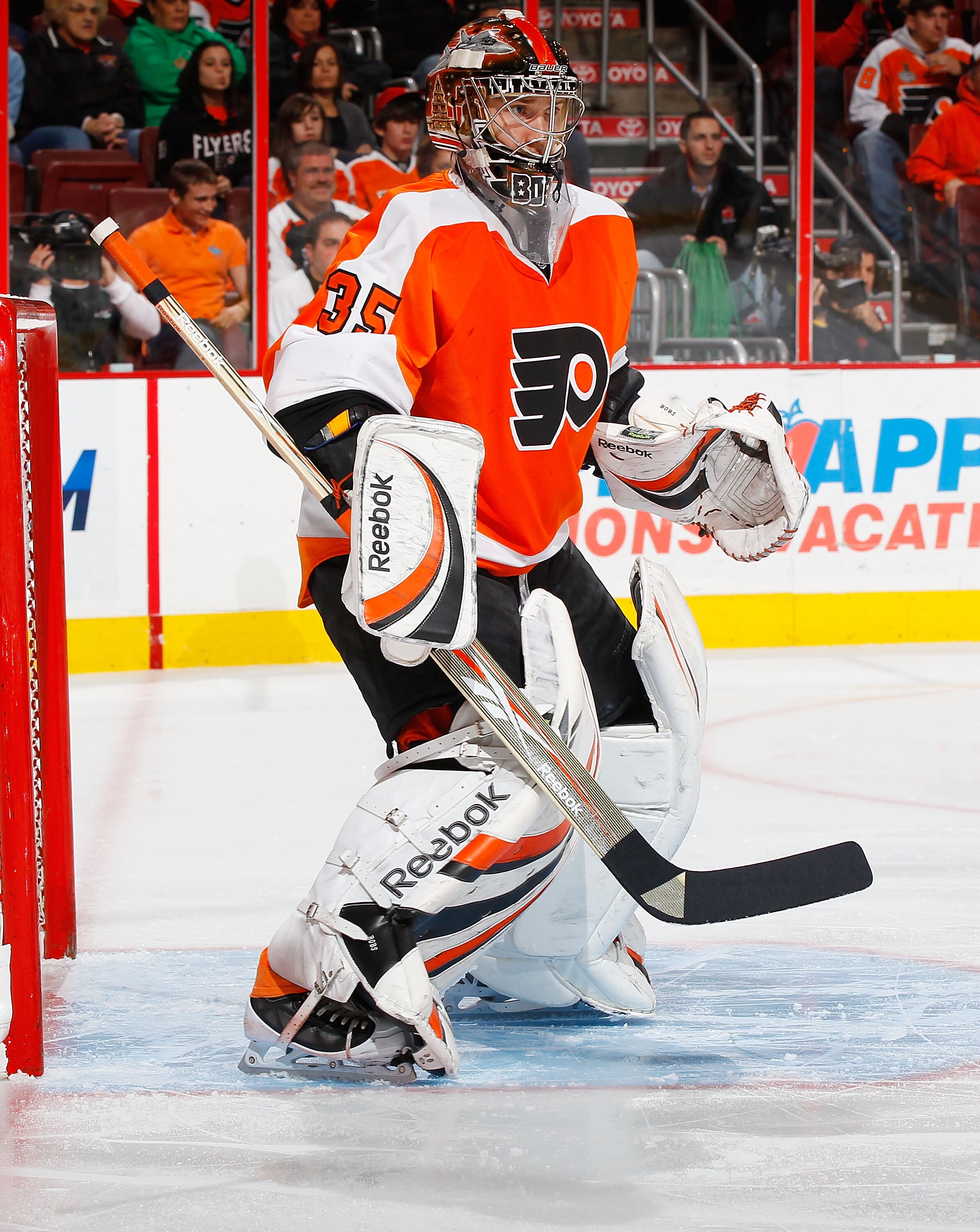 PHILADELPHIA - NOVEMBER 01:  Goaltender Sergei Bobrovsky #35 of the Philadelphia Flyers skates against the Carolina Hurricanes on November 1, 2010 at the Wells Fargo Center in Philadelphia, Pennsylvania. Flyers defeat the Hurricanes 3-2.  (Photo by Mike S