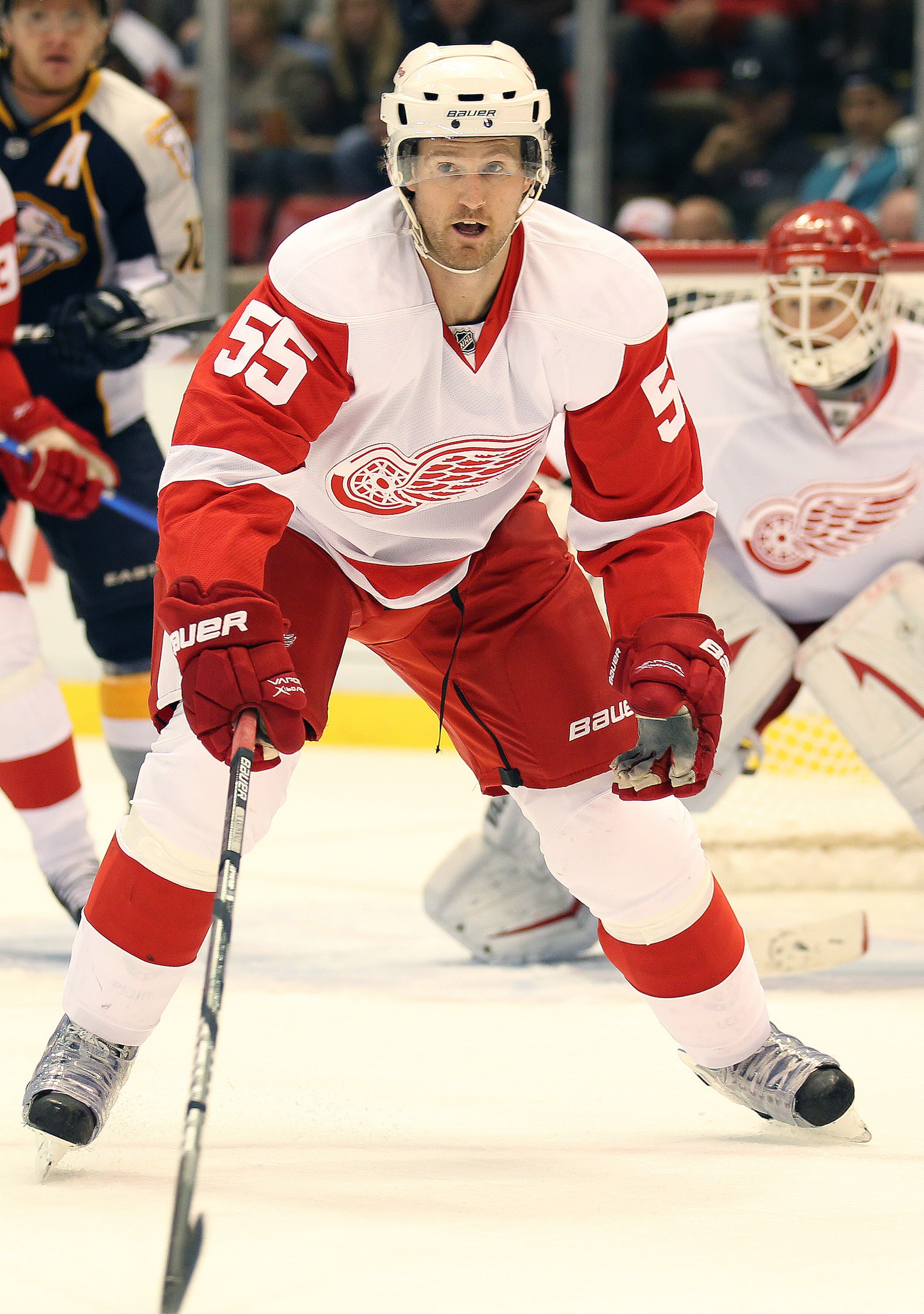 DETROIT - OCTOBER 30:  Niklas Kronwall #55 of the Detroit Red Wings defends in a game against the Nashville Predators on October 30,2010 at the Joe Louis Arena in Detroit , Michigan. The Wings defeated the Predators 5-2. (Photo by Claus Andersen/Getty Ima