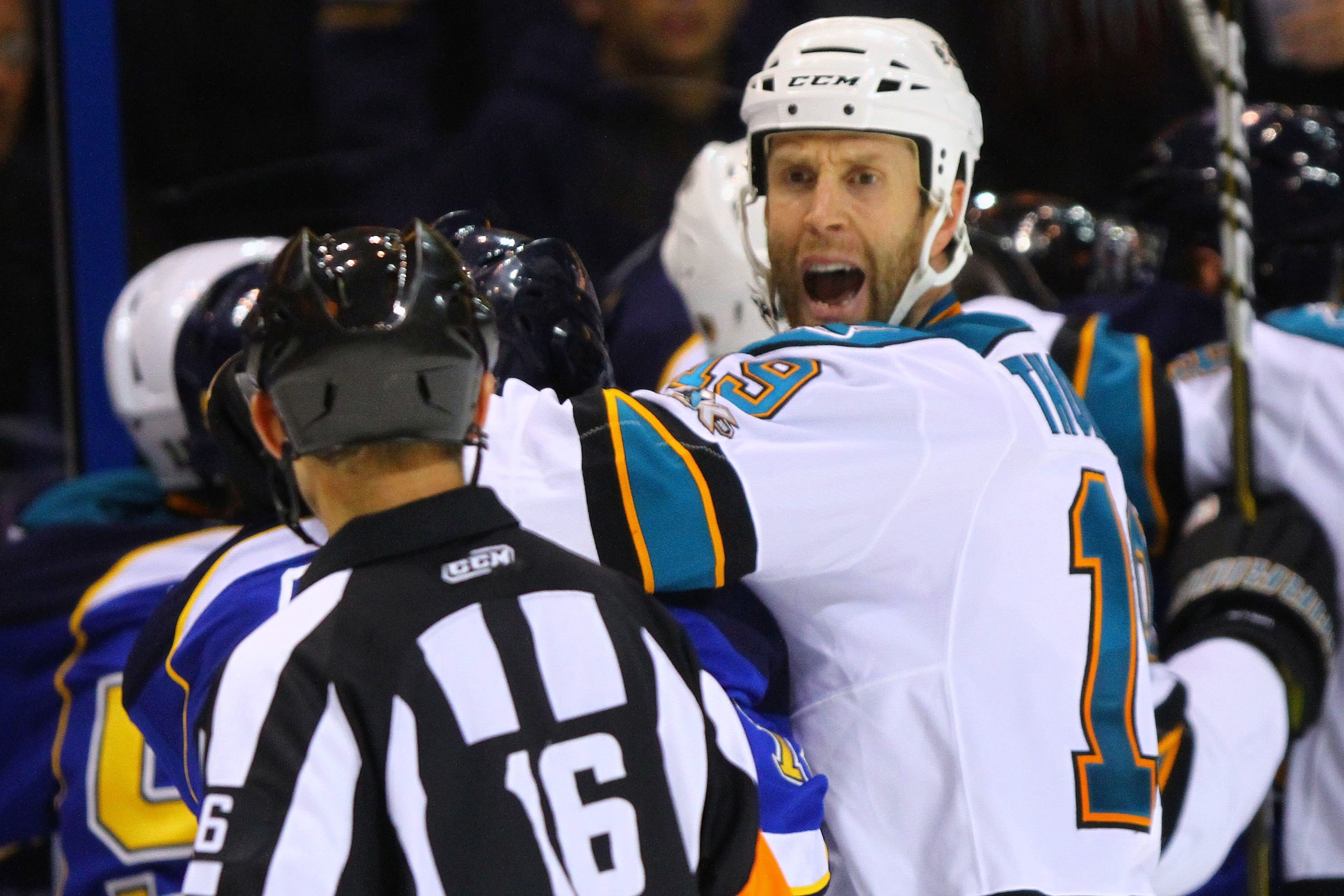 ST. LOUIS - NOVEMBER 4: Joe Thornton #19 of the San Jose Sharks questions the linesman's call during the game against the St. Louis Blues at the Scottrade Center on November 4, 2010 in St. Louis, Missouri.  (Photo by Dilip Vishwanat/Getty Images)