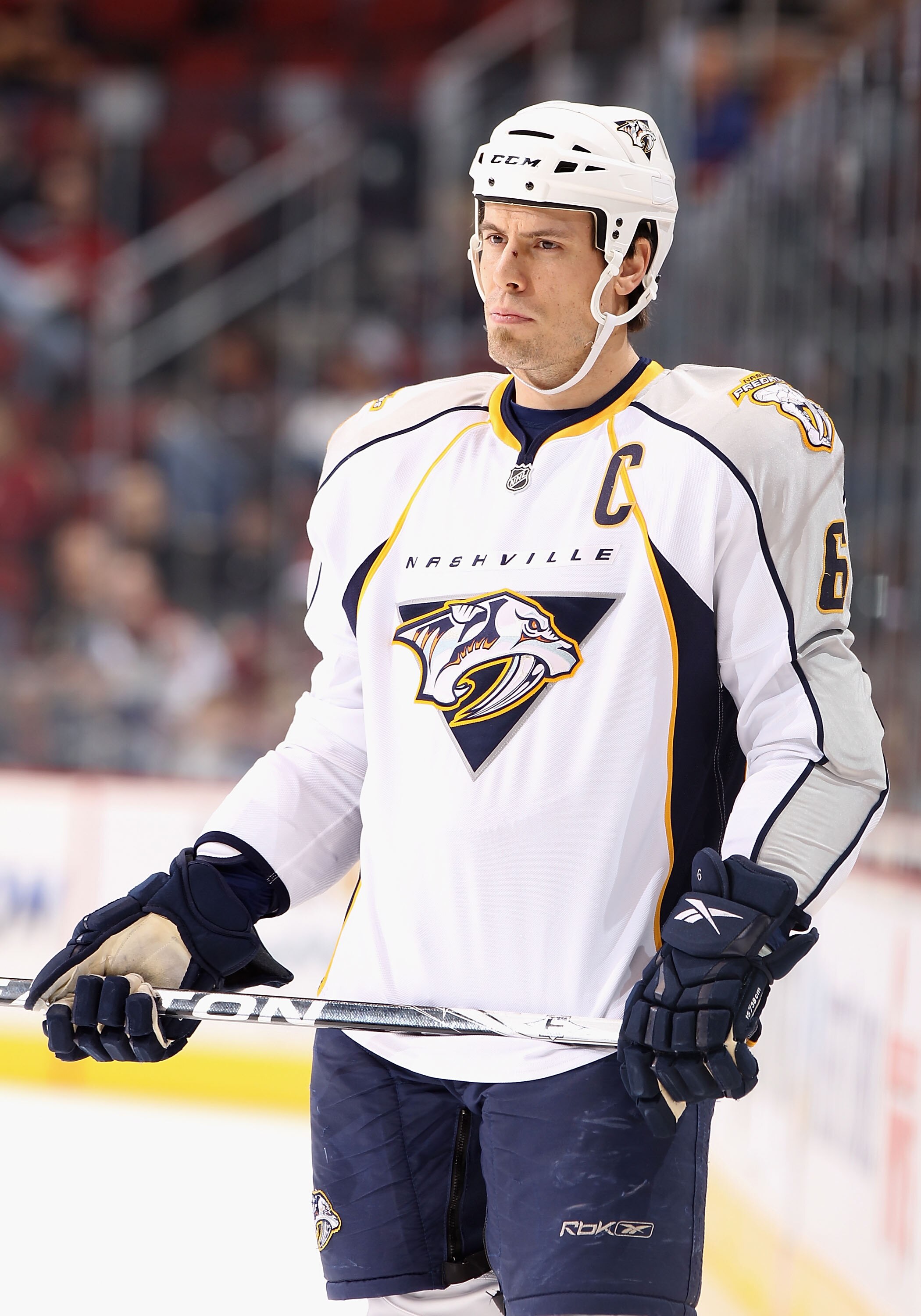GLENDALE, AZ - NOVEMBER 03:  Shea Weber #6 of the Nashville Predators during the NHL game against the Phoenix Coyotes at Jobing.com Arena on November 3, 2010 in Glendale, Arizona.  The Coyotes defeated the Predators 4-3.  (Photo by Christian Petersen/Gett