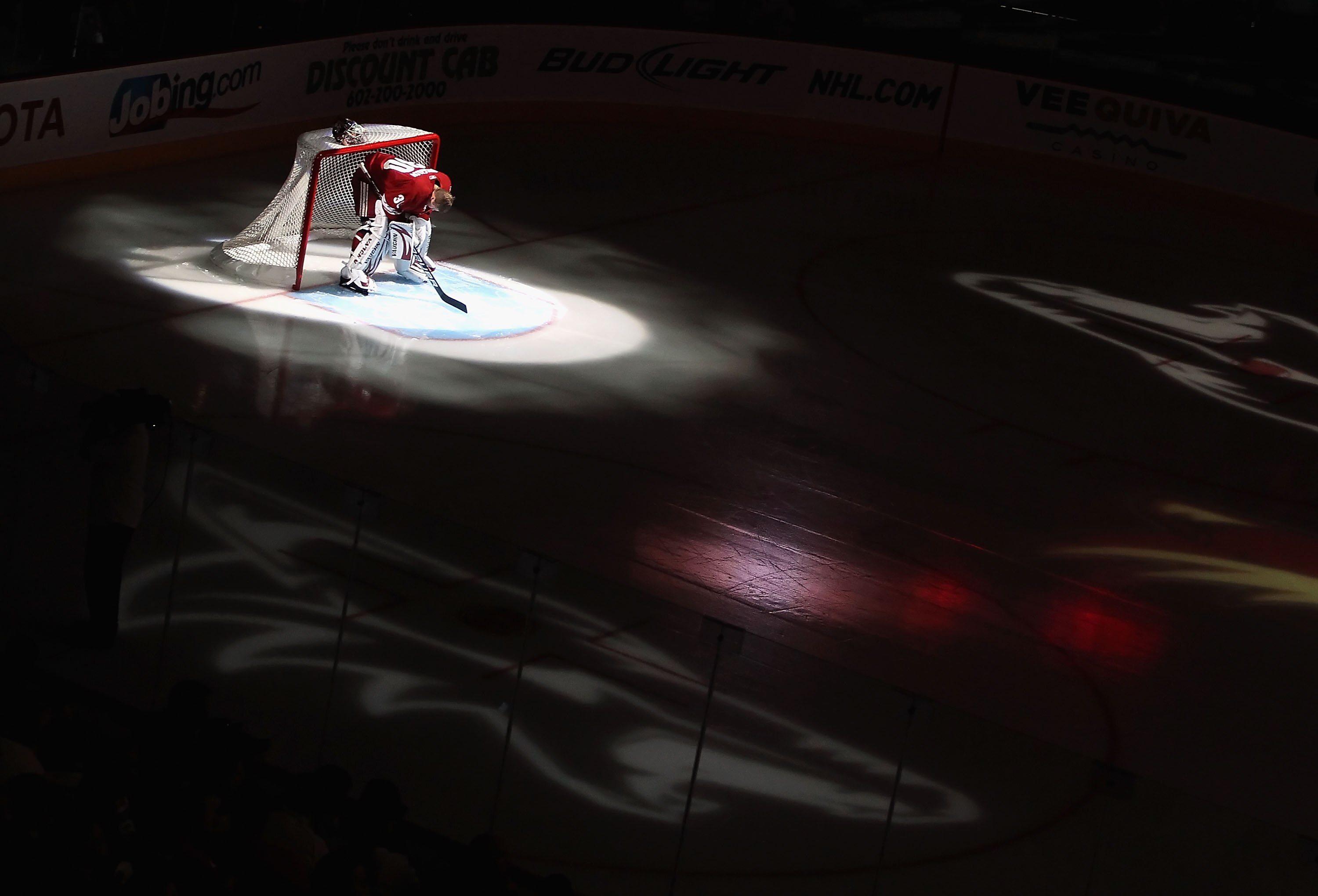 GLENDALE, AZ - NOVEMBER 06:  Goaltender Ilya Bryzgalov #30 of the Phoenix Coyotes is introduced before the NHL game against the Pittsburgh Penguins at Jobing.com Arena on November 6, 2010 in Glendale, Arizona.  The Penguins defeated the Coyotes 4-3 in an