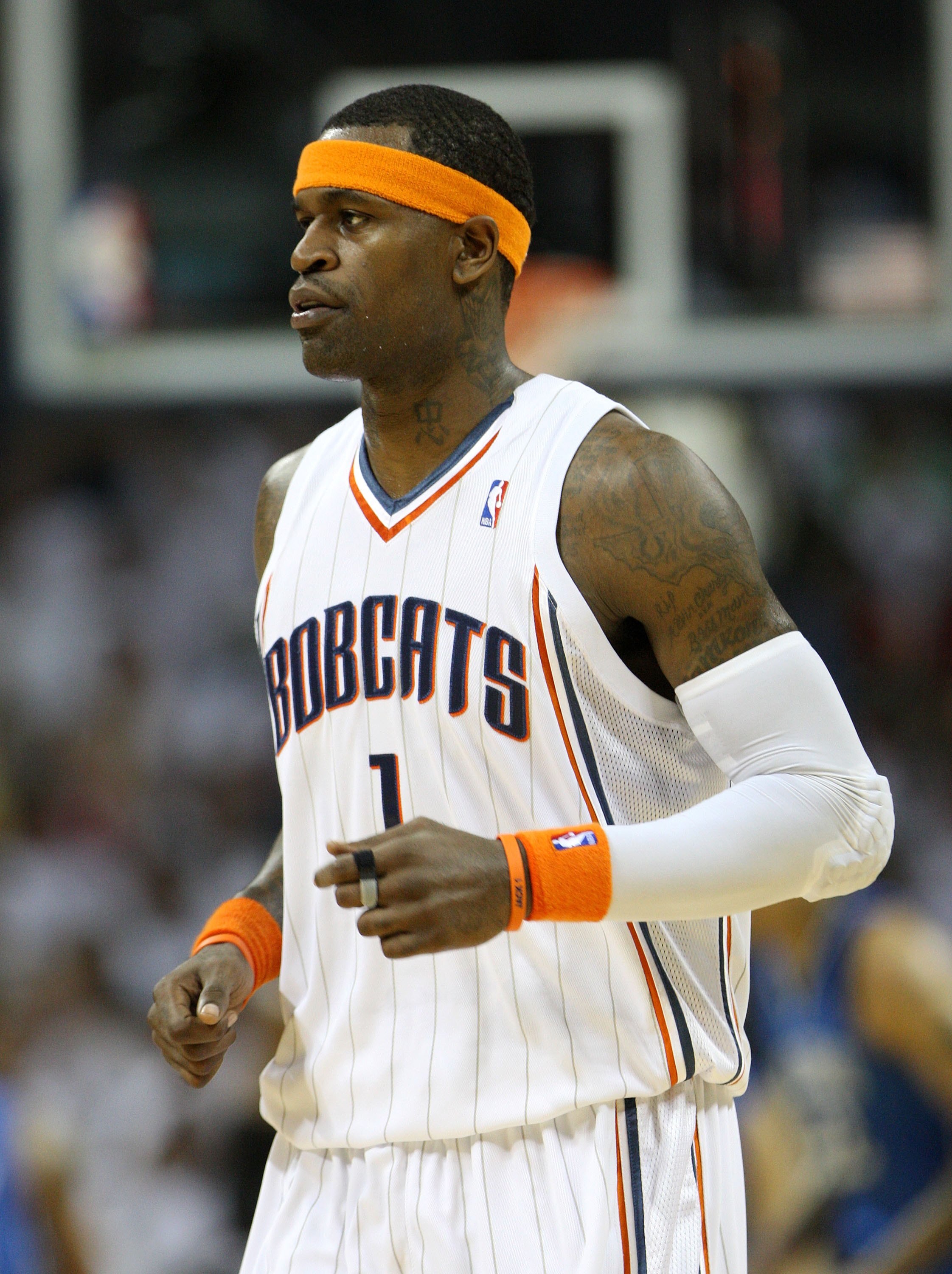 CHARLOTTE - APRIL 24:  Forward Stephen Jackson #1 of the Charlotte Bobcats runs off of the court after a timeout during Game Three of the Eastern Conference Quarterfinals against the Orlando Magic during the 2010 NBA Playoffs at Time Warner Cable Arena on