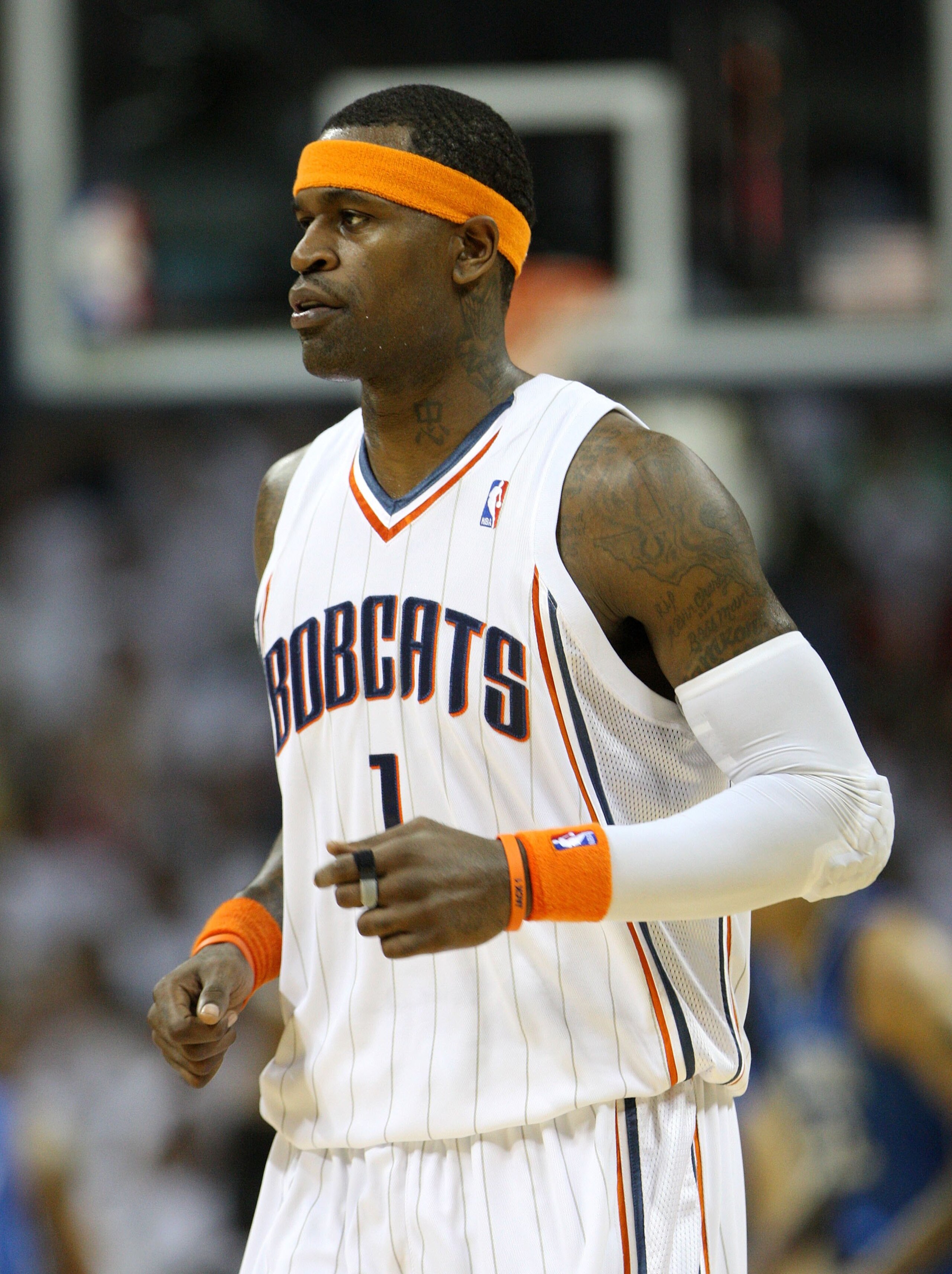 CHARLOTTE - APRIL 24:  Forward Stephen Jackson #1 of the Charlotte Bobcats runs off of the court after a timeout during Game Three of the Eastern Conference Quarterfinals against the Orlando Magic during the 2010 NBA Playoffs at Time Warner Cable Arena on