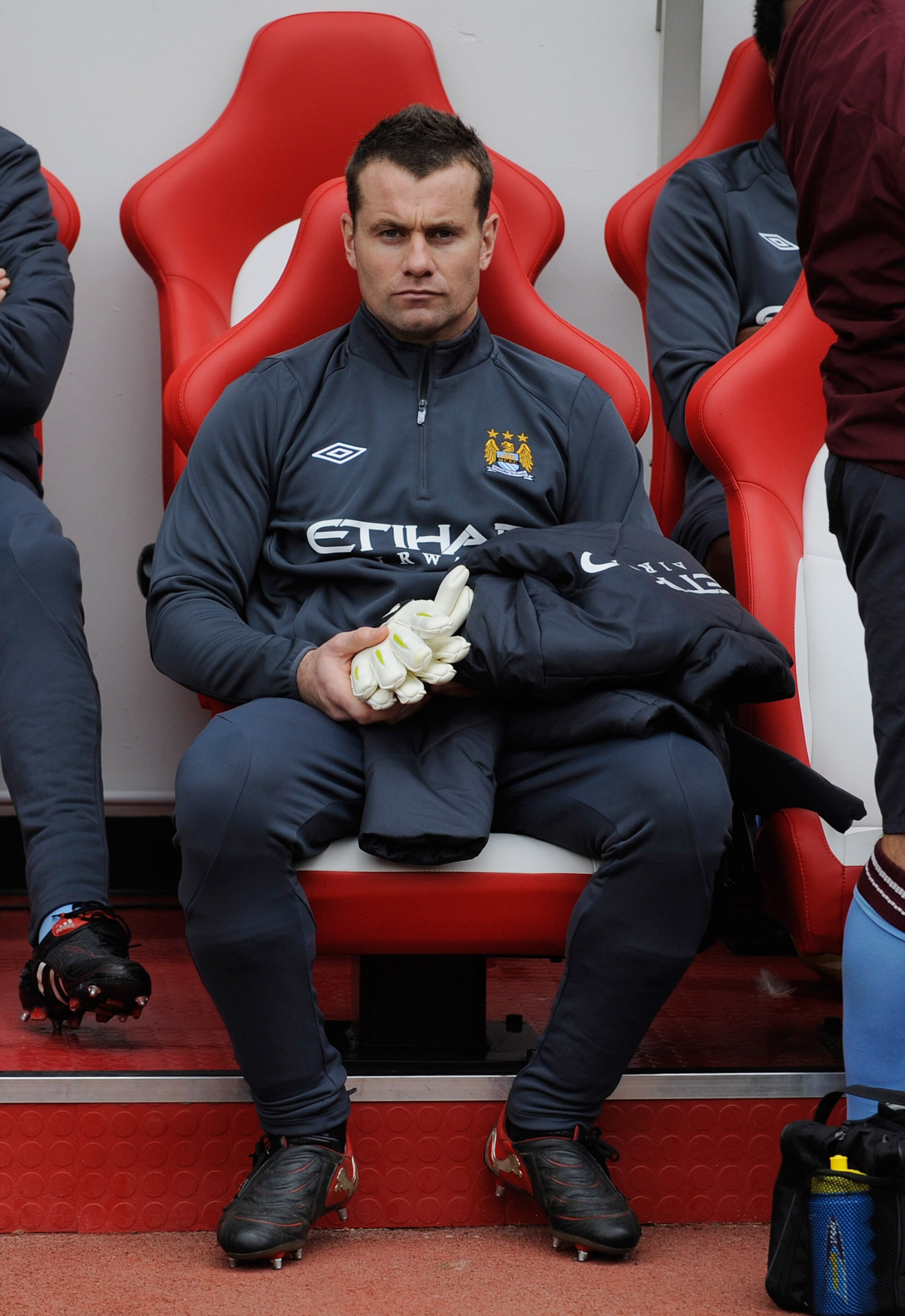 SUNDERLAND, ENGLAND - AUGUST 29: Shay Given of Manchester City sits on the bench during the Barclays Premier League match between Sunderland and Manchester City at the Stadium of Light on August 29, 2010 in Sunderland, England.  (Photo by Michael Regan/Ge