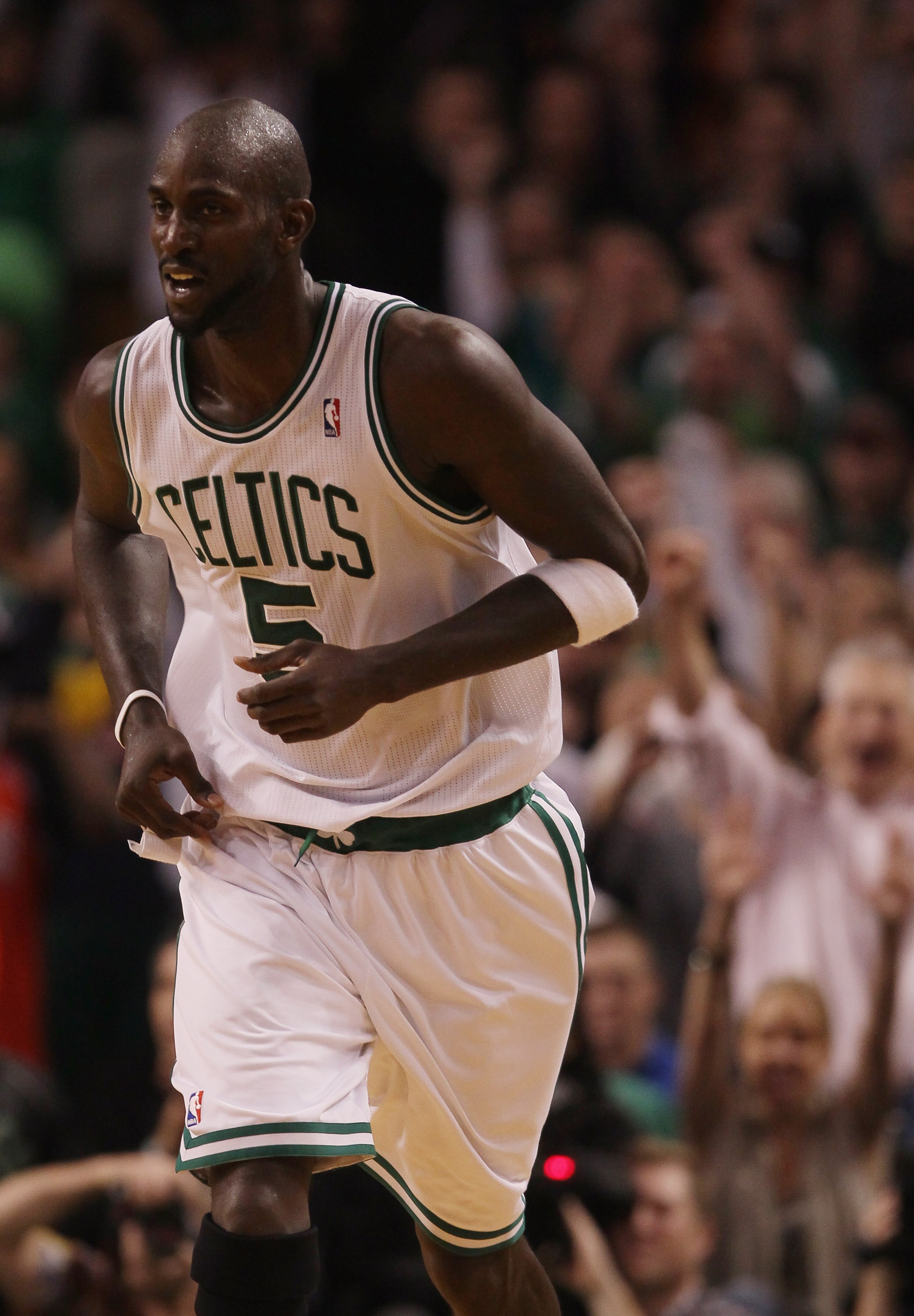 BOSTON - NOVEMBER 05:  Kevin Garnett #5 of the Boston Celtics celebrates his basket in the overtime against the Chicago Bulls on November 5, 2010 at the TD Garden in Boston, Massachusetts. The Celtics defeated the Bulls 110-105 in overtime. NOTE TO USER: