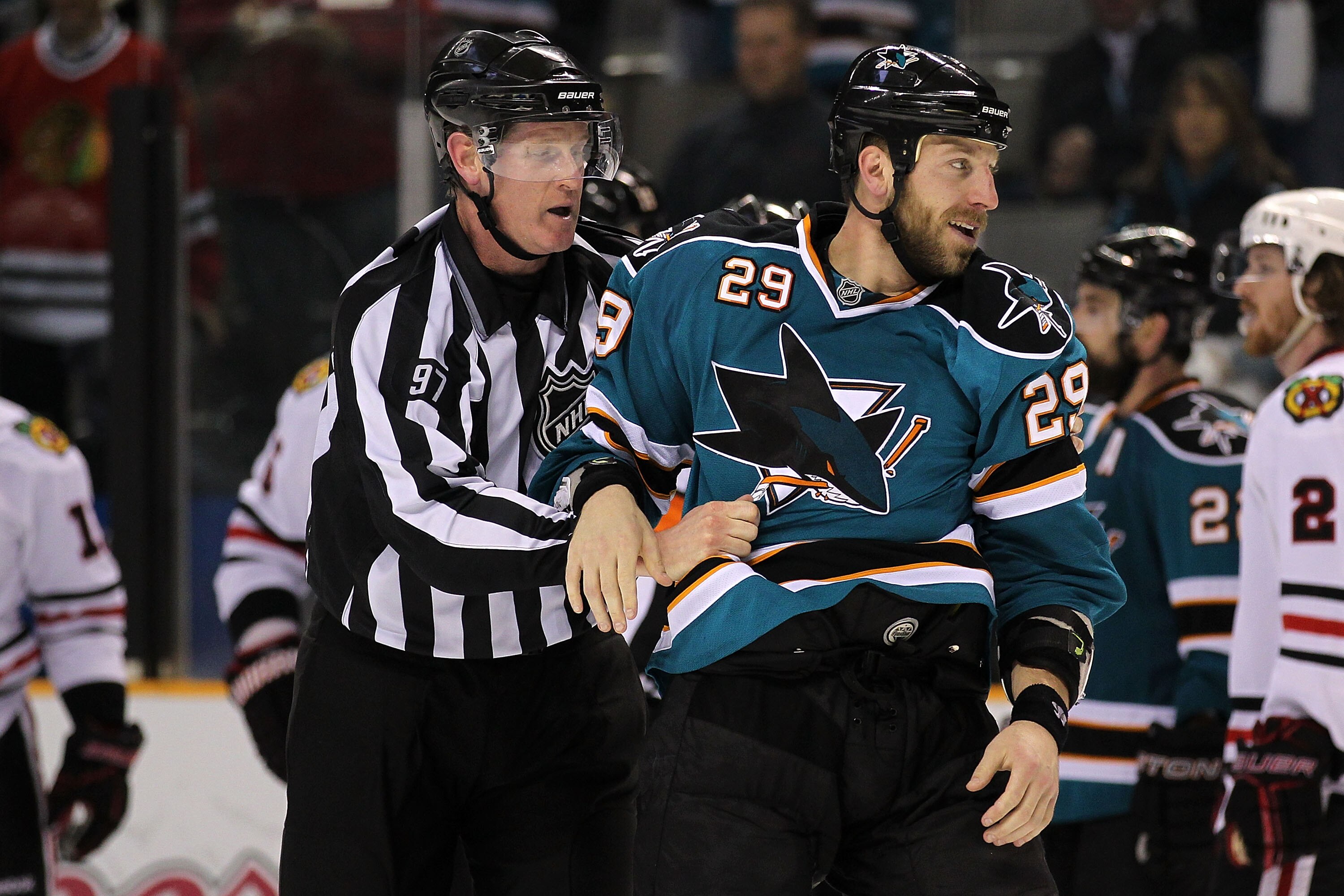 SAN JOSE, CA - MAY 18:  Ryane Clowe #29 of the San Jose Sharks is taken out of the game after receiving a 10-minute misconduct penalty late in the third period against the Chicago Blackhawks in Game Two of the Western Conference Finals during the 2010 NHL