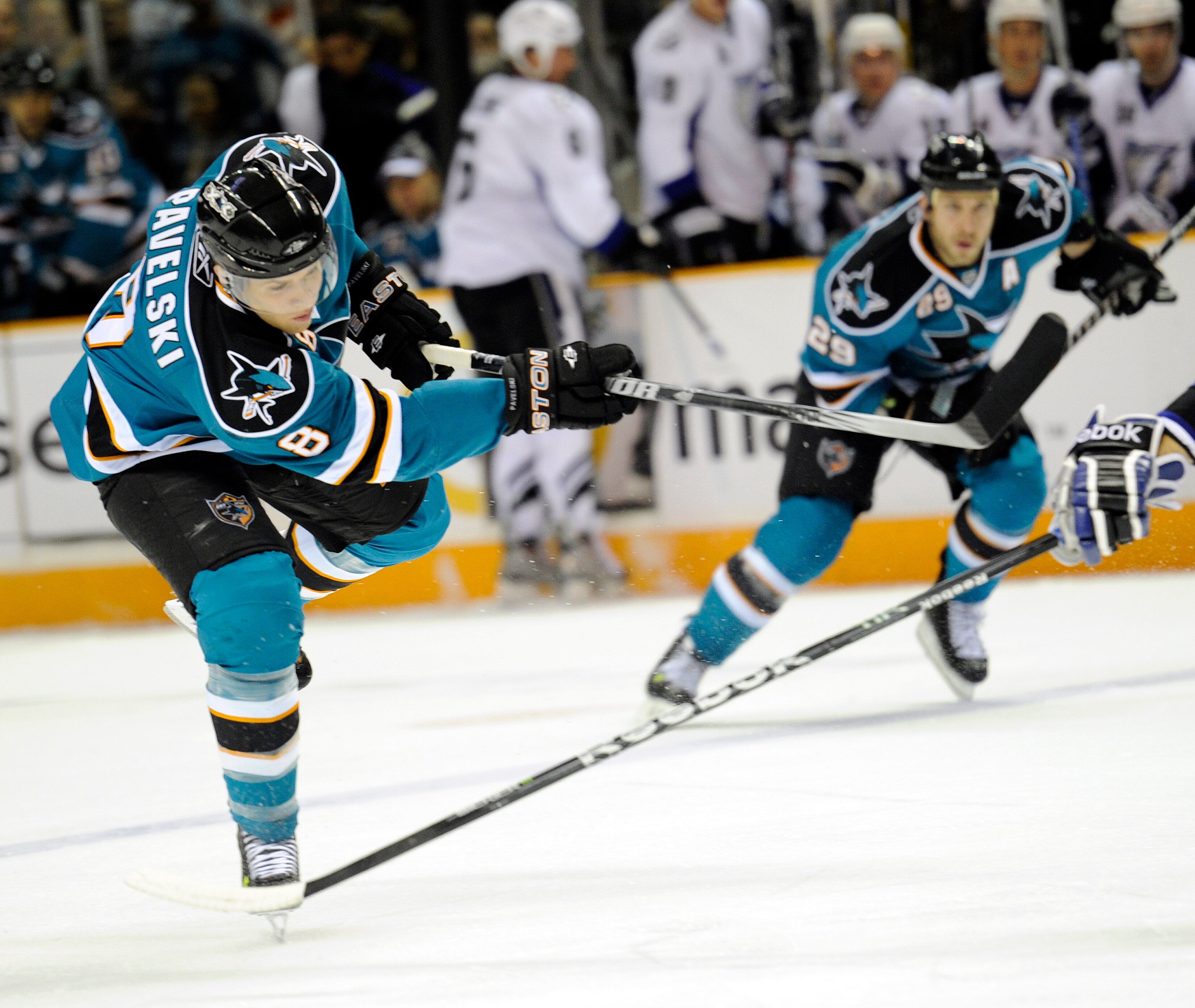 SAN JOSE, CA - NOVEMBER 6:  Joe Pavelski #8 of the San Jose Sharks shoots on goal against the Tampa Bay Lightning during an NHL hockey game at the HP Pavilion on November 6, 2010 in San Jose, California. (Photo by Thearon W. Henderson/Getty Images)