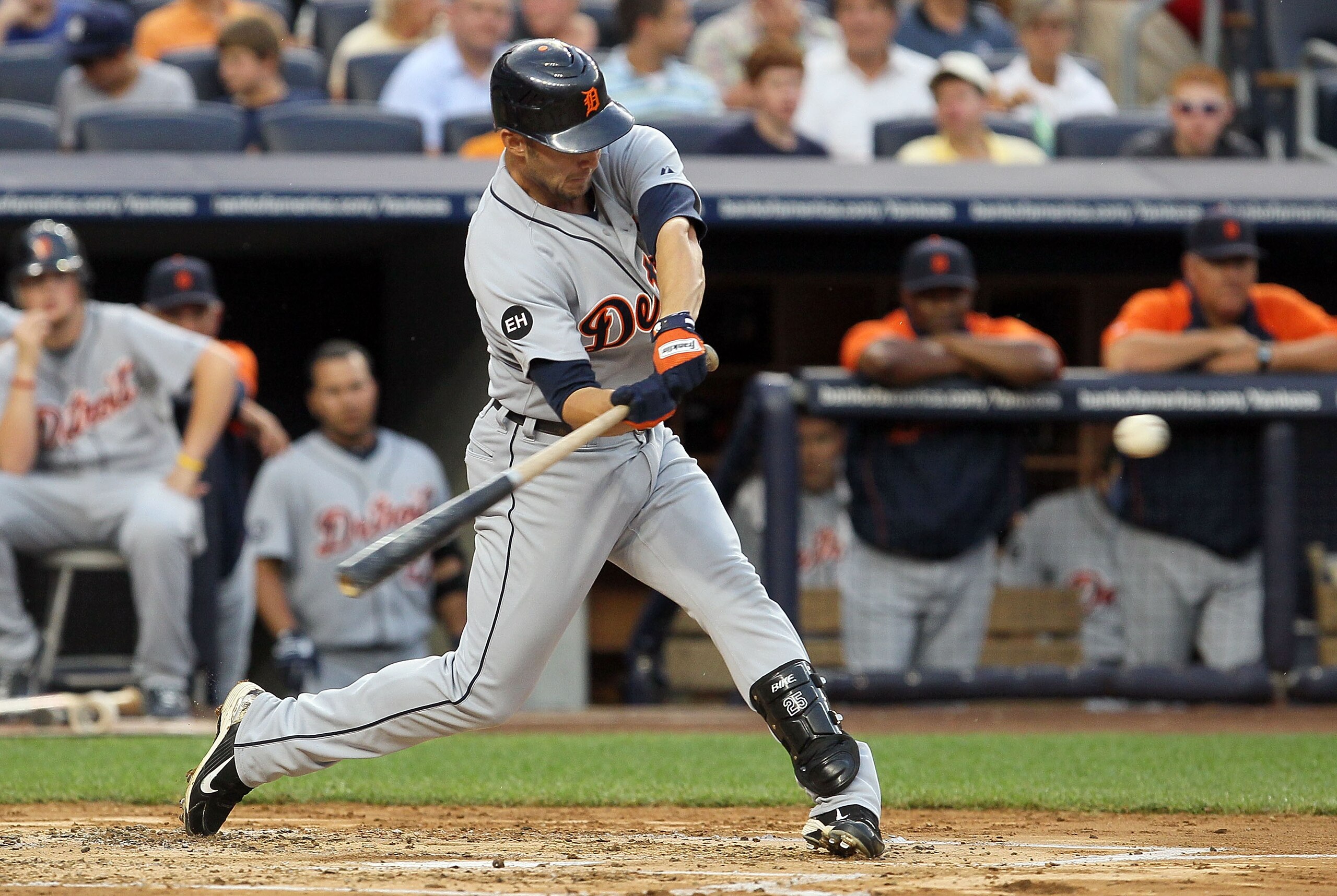 NEW YORK - AUGUST 16: Ryan Raburn #25 of the Detroit Tigers connects on a second inning two run home run against the New York Yankees on August 16, 2010 at Yankee Stadium in the Bronx borough of New York City. (Photo by Jim McIsaac/Getty Images) NEW YORK - AUGUST 16: Ryan Raburn #25 of the Detroit Tigers connects on a second inning two run home run against the New York Yankees on August 16, 2010 at Yankee Stadium in the Bronx borough of New York City. (Photo by Jim McIsaac/Getty Images)