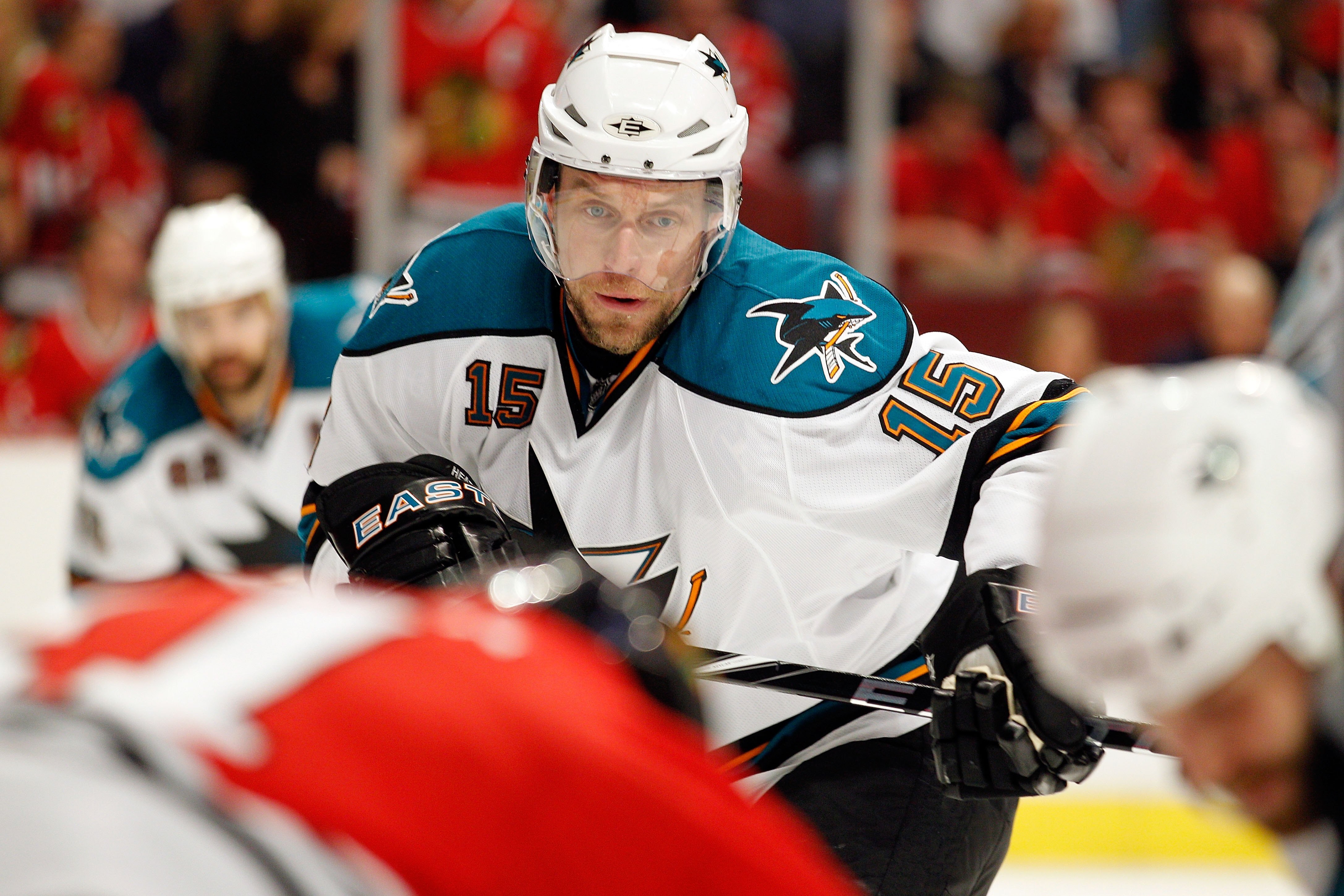 CHICAGO - MAY 21:  Dany Heatley #15 of the San Jose Sharks readies for a face off while taking on the Chicago Blackhawks in Game Three of the Western Conference Finals during the 2010 NHL Stanley Cup Playoffs at the United Center on May 21, 2010 in Chicag