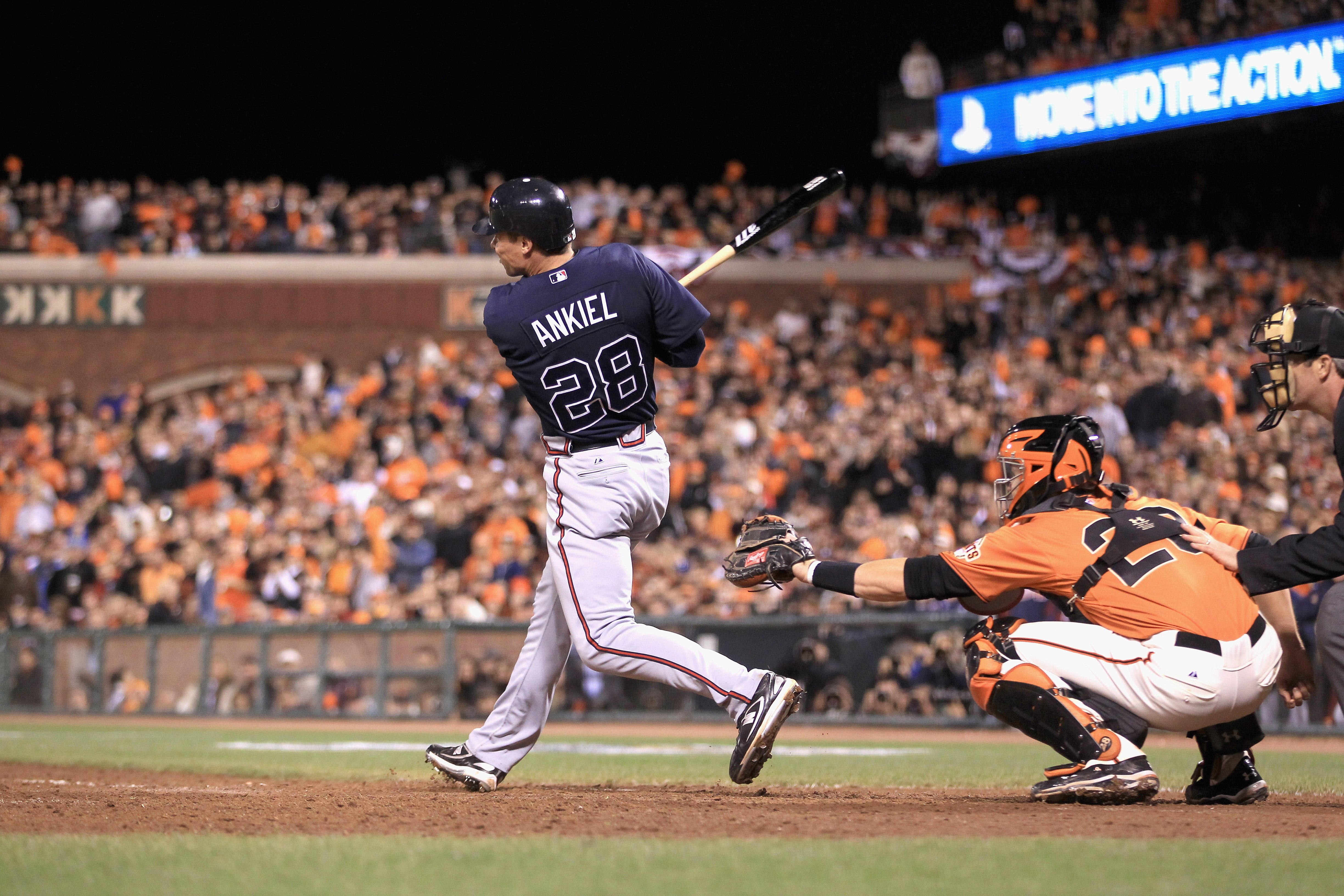 SAN FRANCISCO - OCTOBER 08:  Rick Ankiel #28 of the Atlanta Braves hits a home run in the 11th inning of their game against the San Francisco Giants in game 2 of the NLDS at AT&T Park on October 8, 2010 in San Francisco, California.  (Photo by Ezra Shaw/G