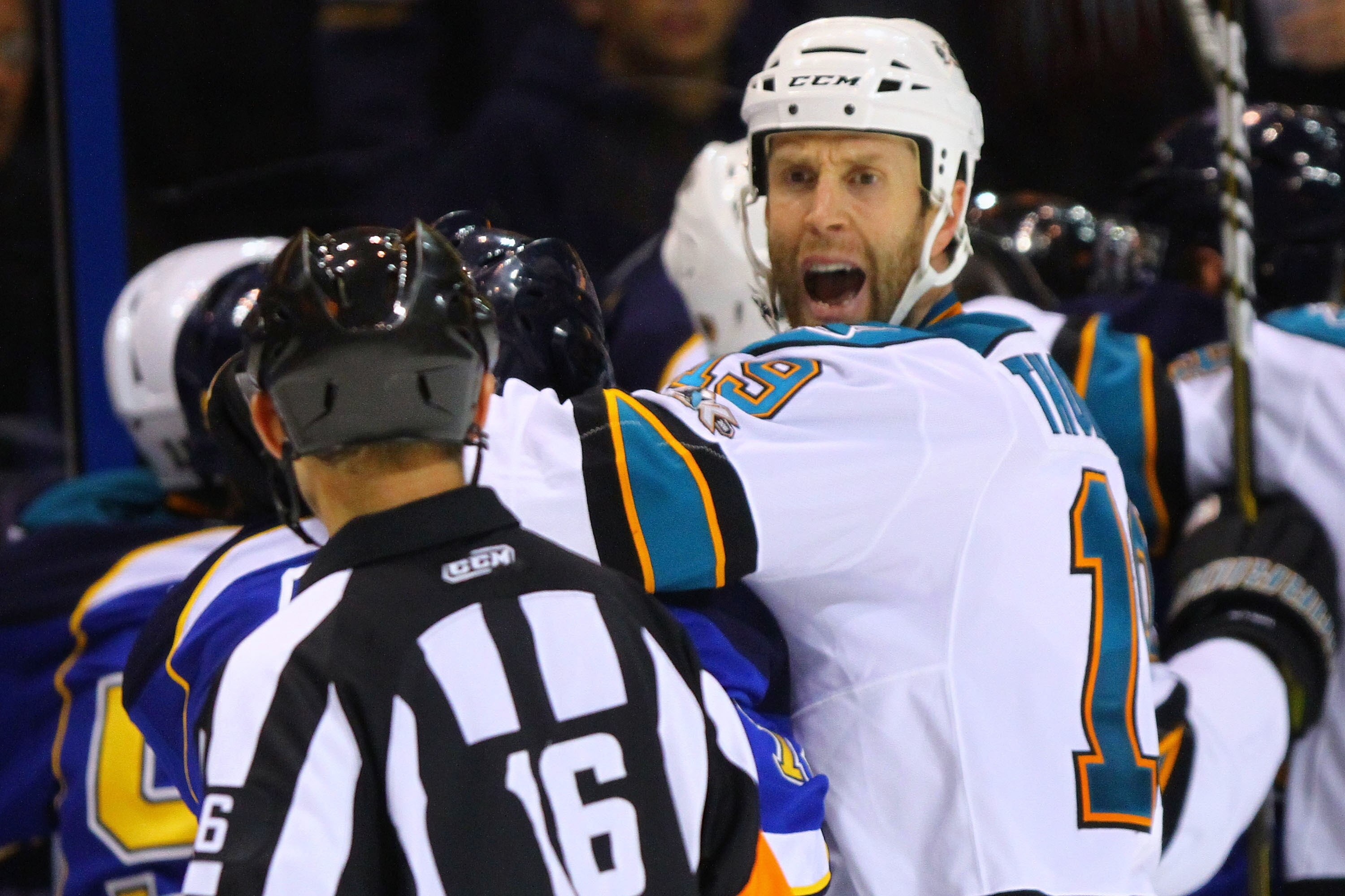 ST. LOUIS - NOVEMBER 4: Joe Thornton #19 of the San Jose Sharks questions the linesman's call during the game against the St. Louis Blues at the Scottrade Center on November 4, 2010 in St. Louis, Missouri.  (Photo by Dilip Vishwanat/Getty Images)