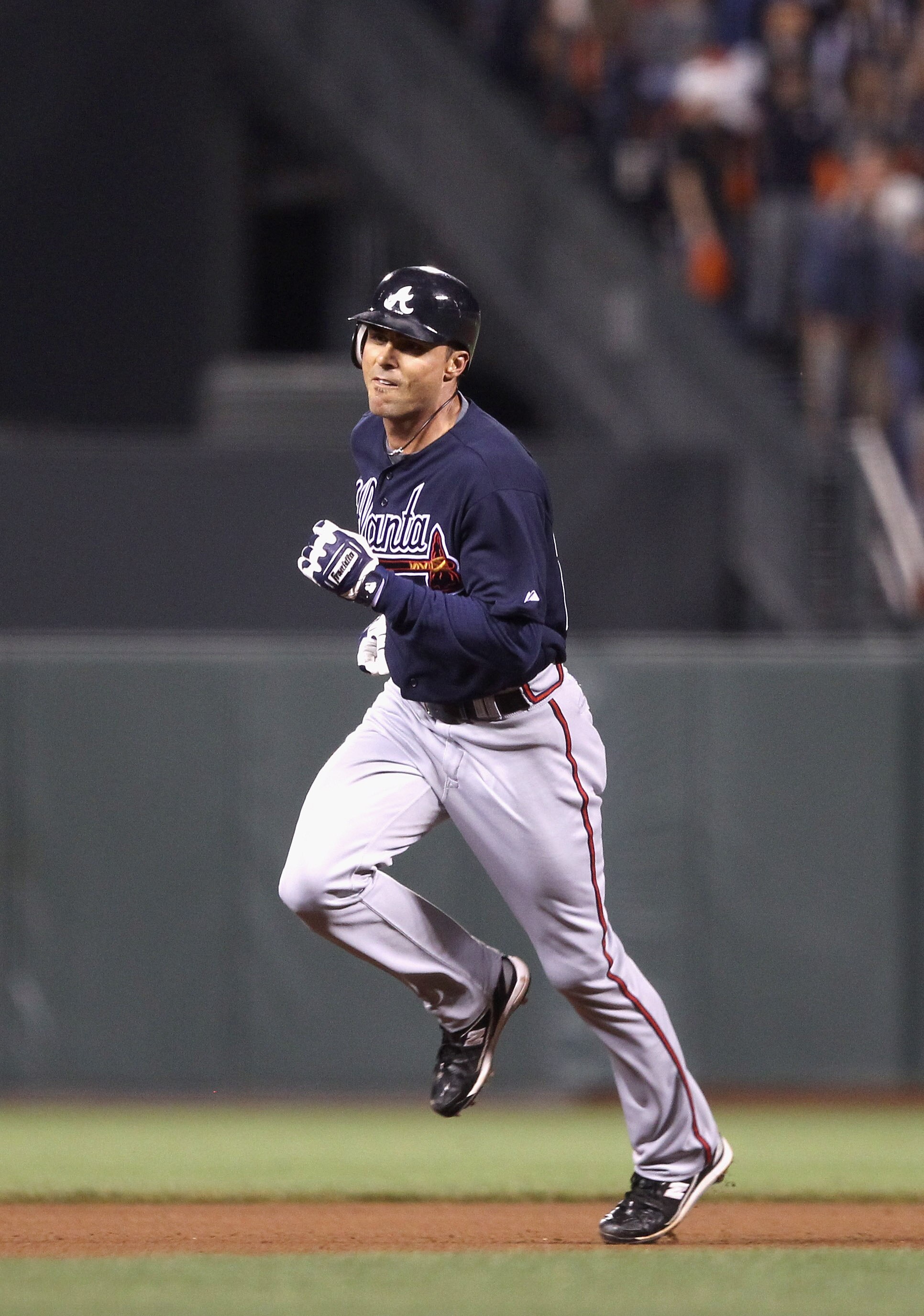 SAN FRANCISCO - OCTOBER 08:  Rick Ankiel #28 of the Atlanta Braves rounds the bases after he hit a home run in the 11th inning of their game against the San Francisco Giants in game 2 of the NLDS at AT&T Park on October 8, 2010 in San Francisco, Californi