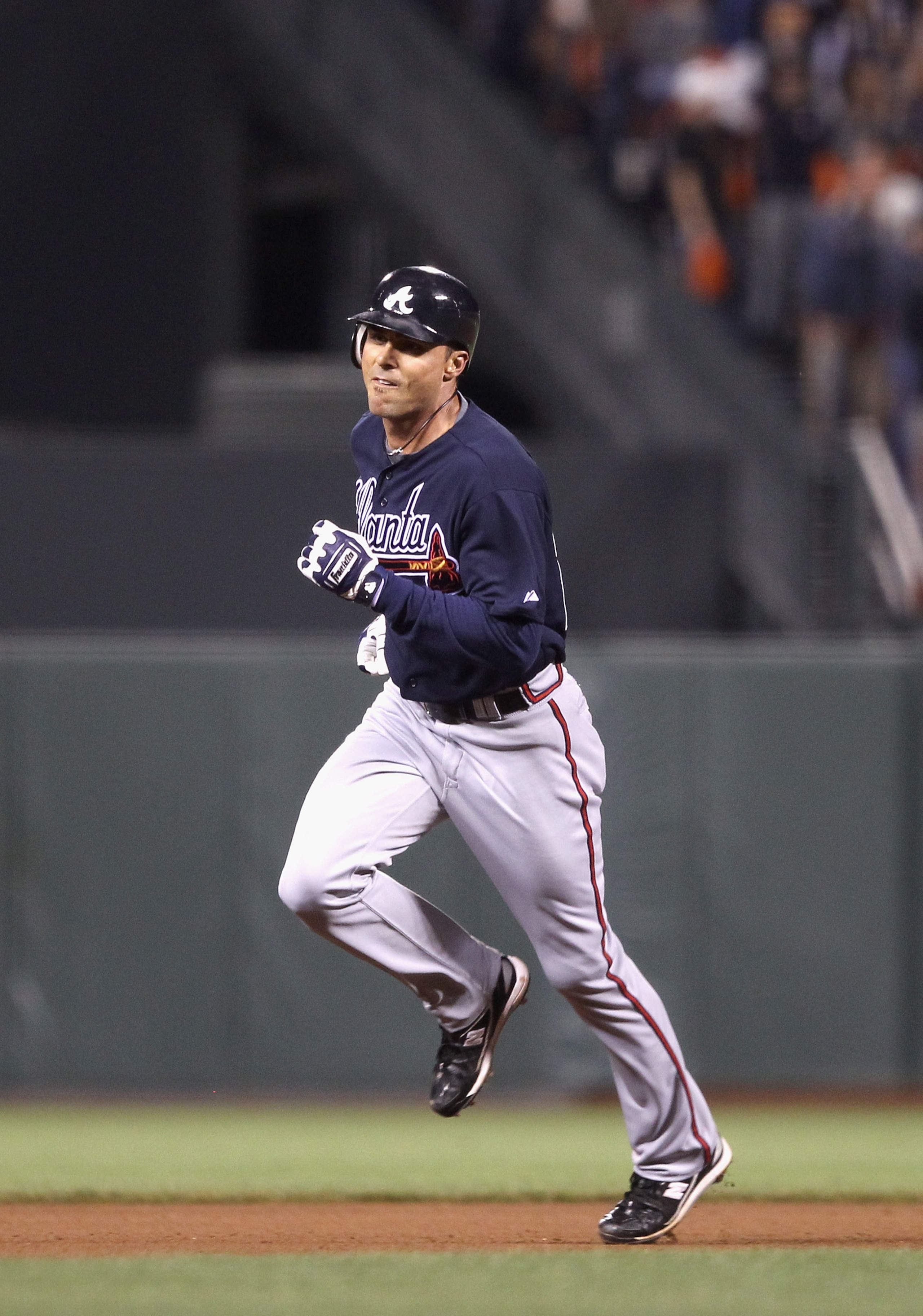 SAN FRANCISCO - OCTOBER 08:  Rick Ankiel #28 of the Atlanta Braves rounds the bases after he hit a home run in the 11th inning of their game against the San Francisco Giants in game 2 of the NLDS at AT&T Park on October 8, 2010 in San Francisco, Californi