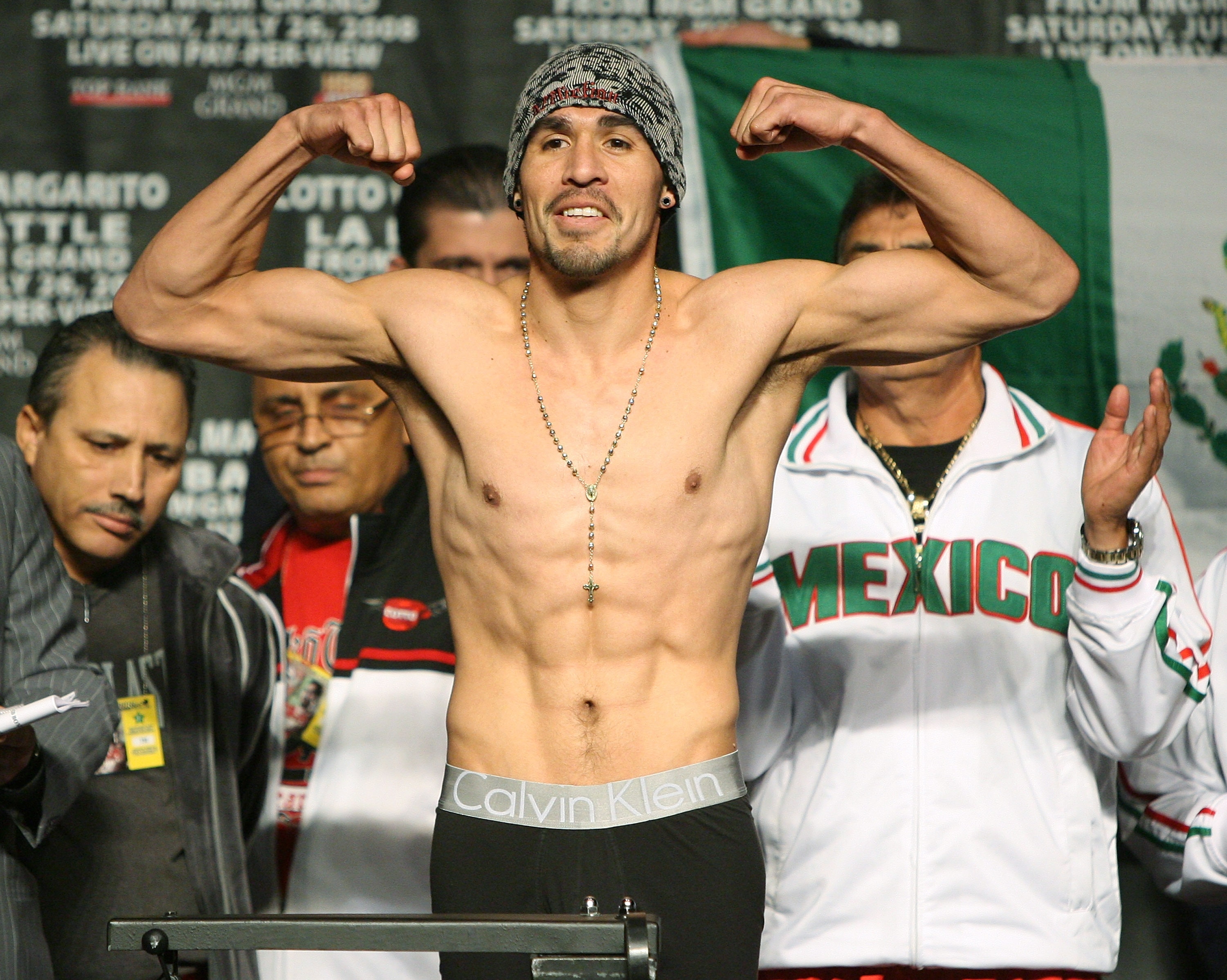 LAS VEGAS - JULY 25:  Antonio Margarito of Mexico poses during the official weigh-in for his fight against Miguel Cotto of Puerto Rico at the MGM Grand Garden Arena July 25, 2008 in Las Vegas, Nevada. Margarito will fight for Cotto's WBA welterweight titl