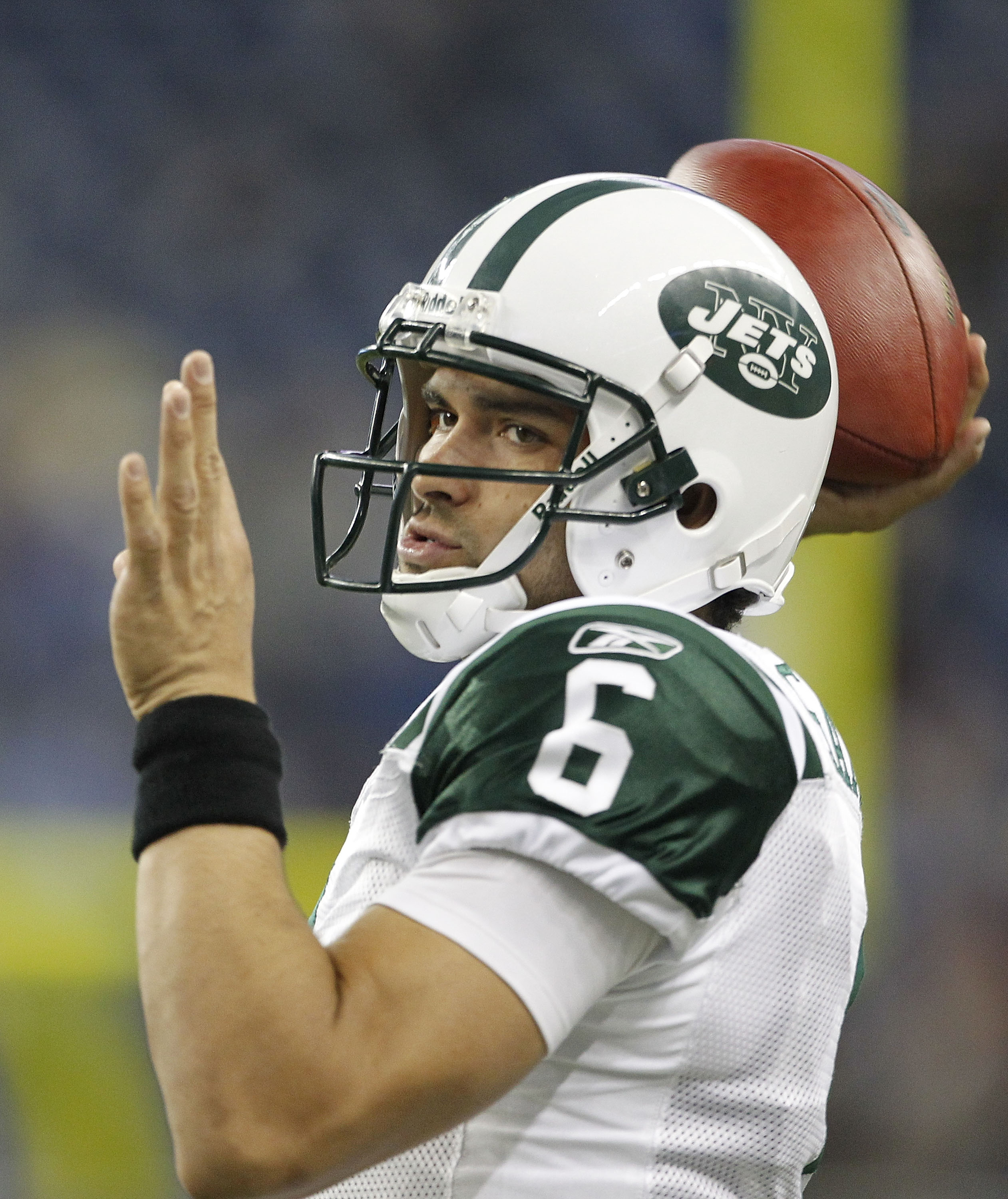 DETROIT - NOVEMBER 7: Mark Sanchez #6 of the New York Jets warms up prior to the start of the game against the Detroit Lions at Ford Field on November 7, 2010 in Detroit, Michigan. (Photo by Leon Halip/Getty Images) DETROIT - NOVEMBER 7: Mark Sanchez #6 of the New York Jets warms up prior to the start of the game against the Detroit Lions at Ford Field on November 7, 2010 in Detroit, Michigan. (Photo by Leon Halip/Getty Images)