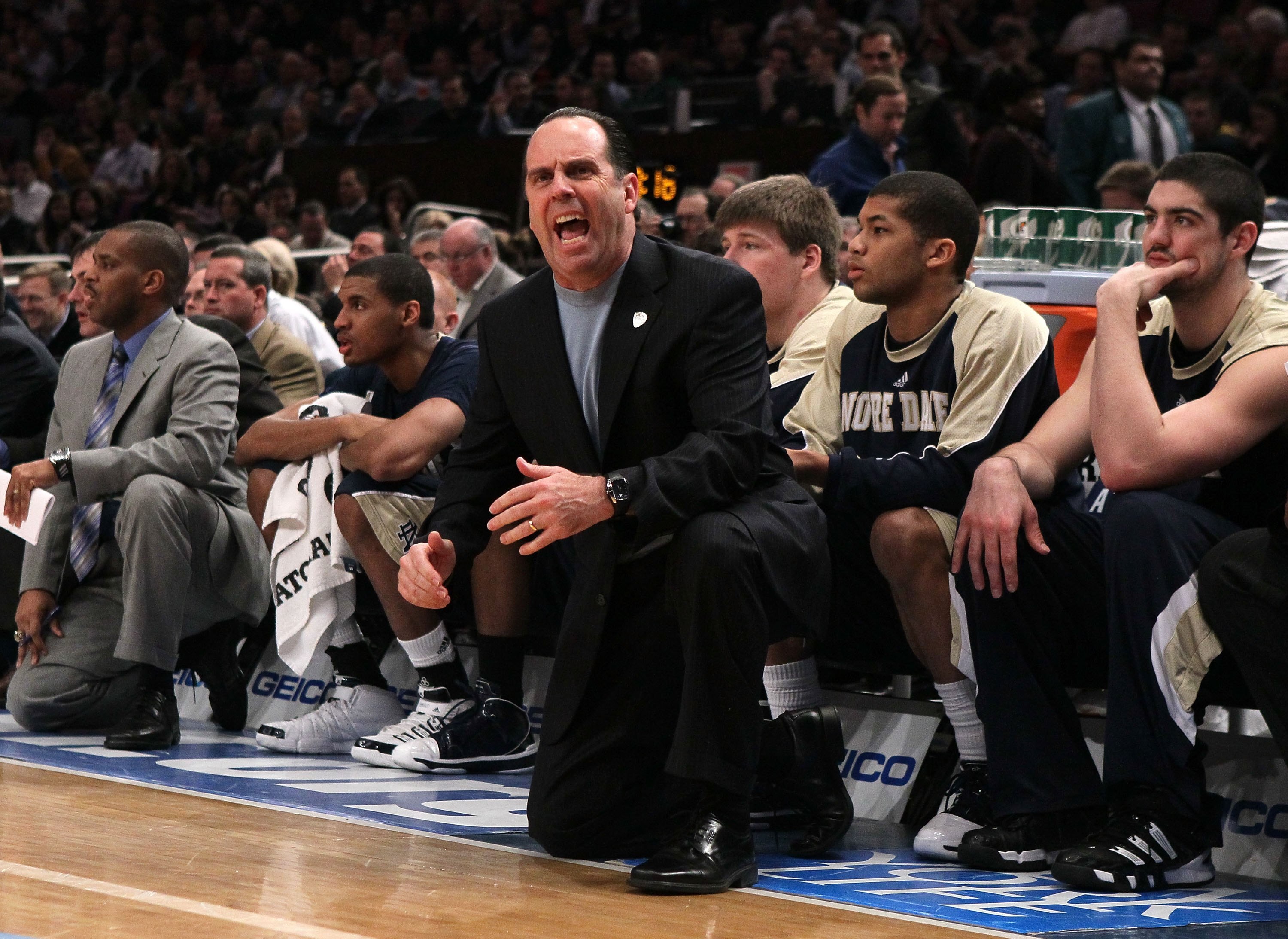 NEW YORK - MARCH 11:  Head coach Mike Brey of the Notre Dame Fighting Irish looks on from the bench against the Seton Hall Pirates during the second round of 2010 NCAA Big East Tournament at Madison Square Garden on March 10, 2010 in New York City.  (Phot