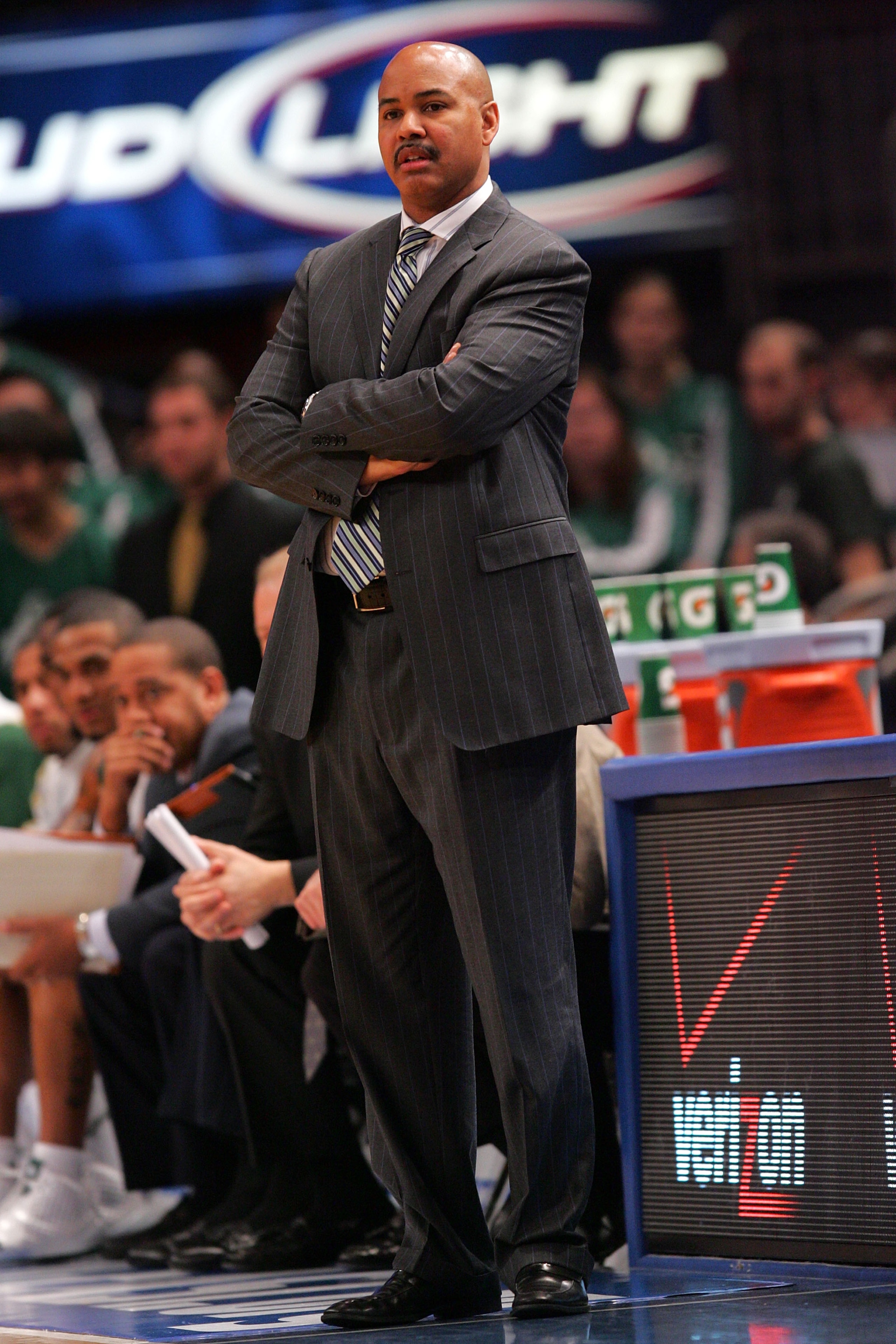 NEW YORK - MARCH 09: Stan Heath Head Coach of the University of South Florida watches the game against DePaul University during the first round game of the Big East Basketball Tournament at Madison Square Garden on March 9, 2010 in New York City.  (Photo