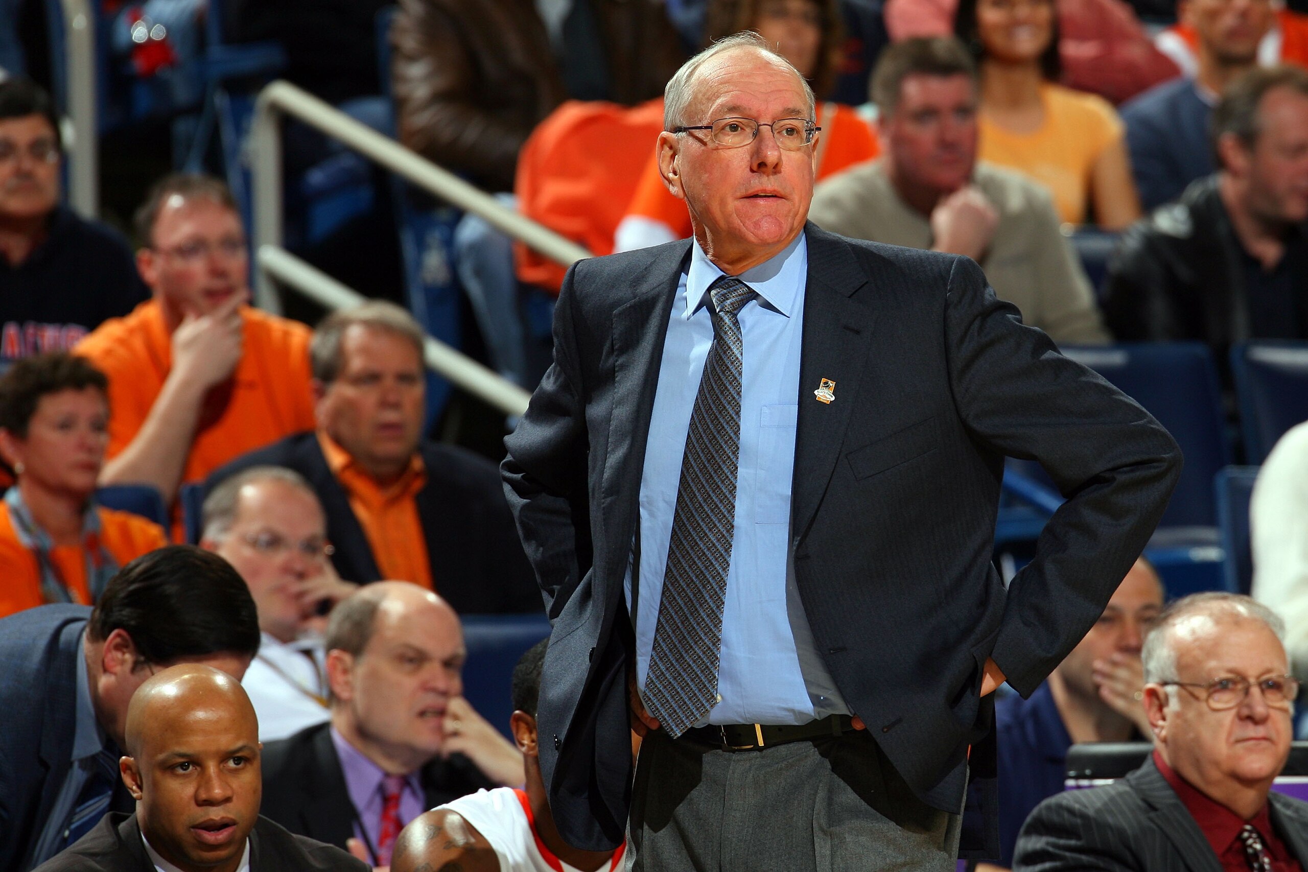 BUFFALO, NY - MARCH 21:  Head coach Jim Boeheim of the Syracuse Orange gestures from the bench against the Gonzaga Bulldogs during the second round of the 2010 NCAA men's basketball tournament at HSBC Arena at HSBC Arena on March 21, 2010 in Buffalo, New