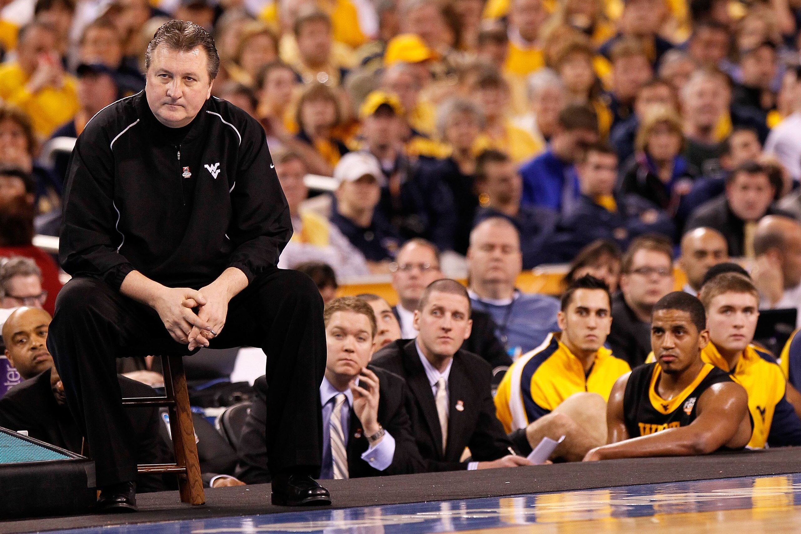 INDIANAPOLIS - APRIL 03:  Head coach Bob Huggins of the West Virginia Mountaineers looks on while taking on the Duke Blue Devils during the National Semifinal game of the 2010 NCAA Division I Men's Basketball Championship at Lucas Oil Stadium on April 3,