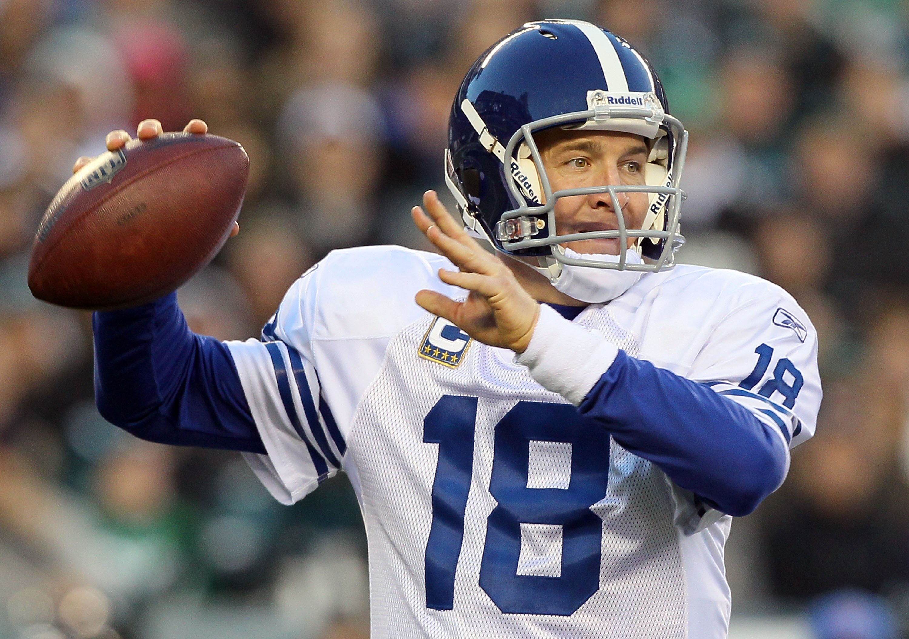 PHILADELPHIA - NOVEMBER 07: Peyton Manning #18 of the Indianapolis Colts throws a pass against the Philadelphia Eagles on November 7, 2010 at Lincoln Financial Field in Philadelphia, Pennsylvania. (Photo by Jim McIsaac/Getty Images) PHILADELPHIA - NOVEMBER 07: Peyton Manning #18 of the Indianapolis Colts throws a pass against the Philadelphia Eagles on November 7, 2010 at Lincoln Financial Field in Philadelphia, Pennsylvania. (Photo by Jim McIsaac/Getty Images)