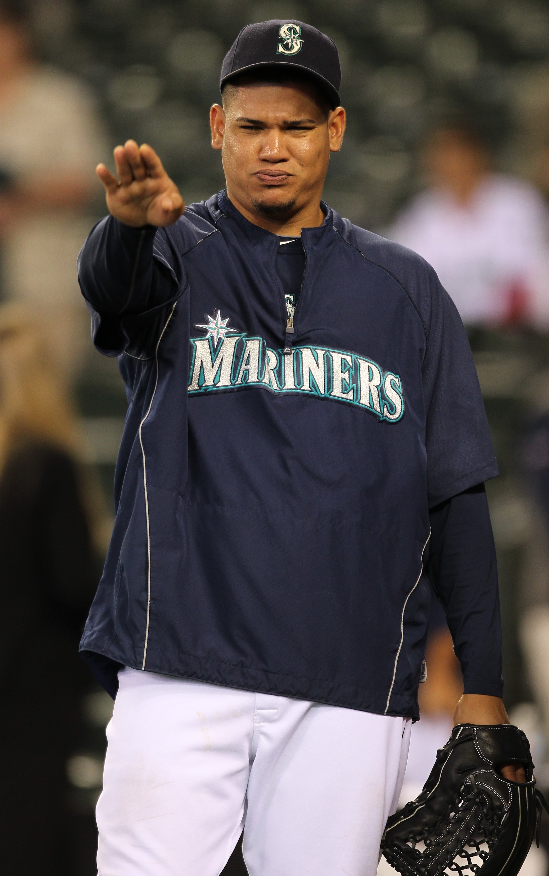 SEATTLE - JUNE 04: Pitcher Felix Hernandez #34 of the Seattle Mariners looks on during batting practice prior to the game against the Los Angeles Angels of Anaheim at Safeco Field on June 4, 2010 in Seattle, Washington. (Photo by Otto Greule Jr/Getty Ima SEATTLE - JUNE 04: Pitcher Felix Hernandez #34 of the Seattle Mariners looks on during batting practice prior to the game against the Los Angeles Angels of Anaheim at Safeco Field on June 4, 2010 in Seattle, Washington. (Photo by Otto Greule Jr/Getty Ima