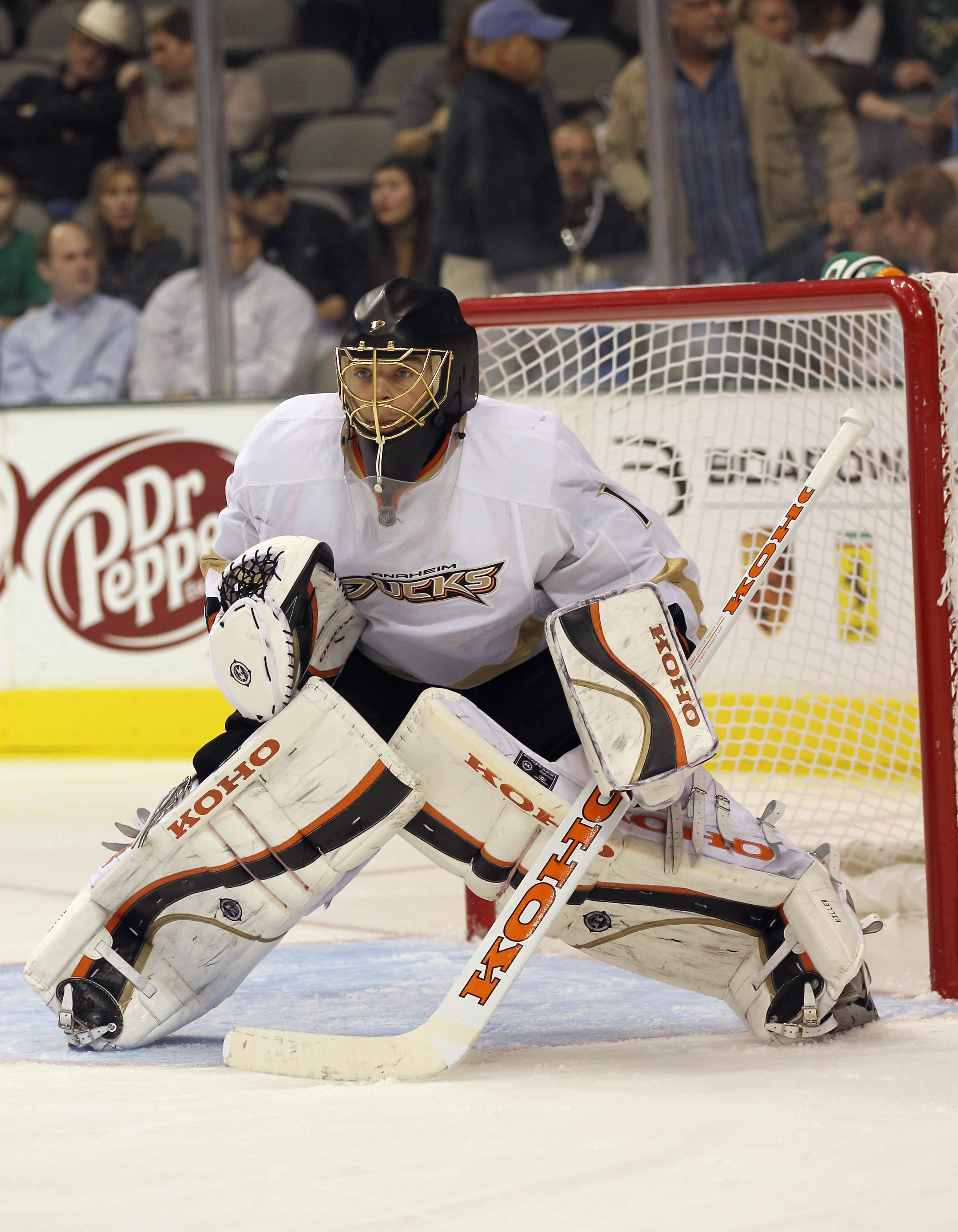 DALLAS - OCTOBER 26:  Jonas Hiller #1 of the Anaheim Ducks skates against the Dallas Stars at the American Airlines Center on October 26, 2010 in Dallas, Texas. The Ducks defeated the Stars 5-2.  (Photo by Bruce Bennett/Getty Images)
