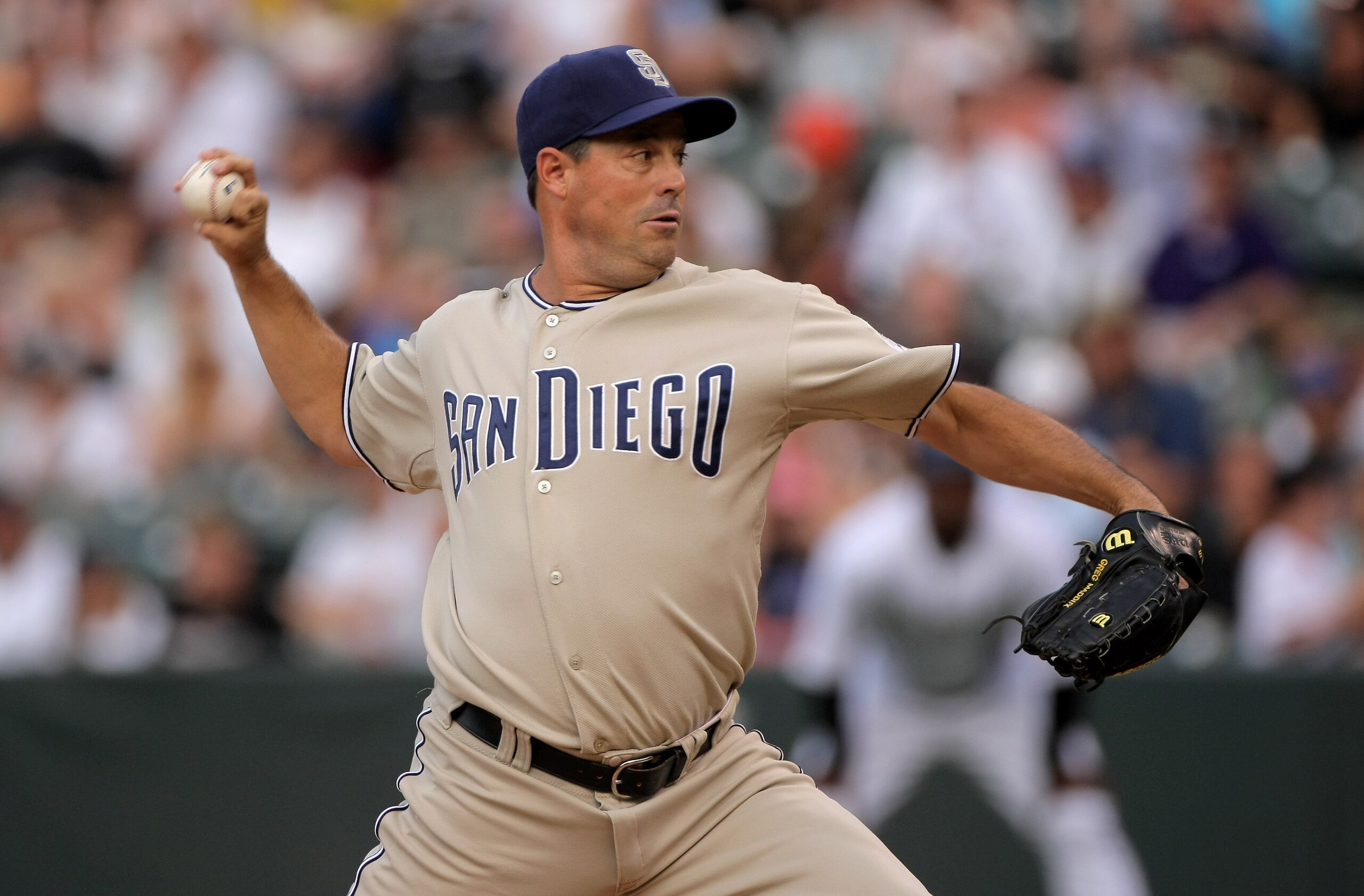 DENVER - JUNE 30:  Starting pitcher Greg Maddux #30 of the San Diego Padres delivers against the Colorado Rockies at Coors Field on June 30, 2008 in Denver, Colorado.  (Photo by Doug Pensinger/Getty Images)