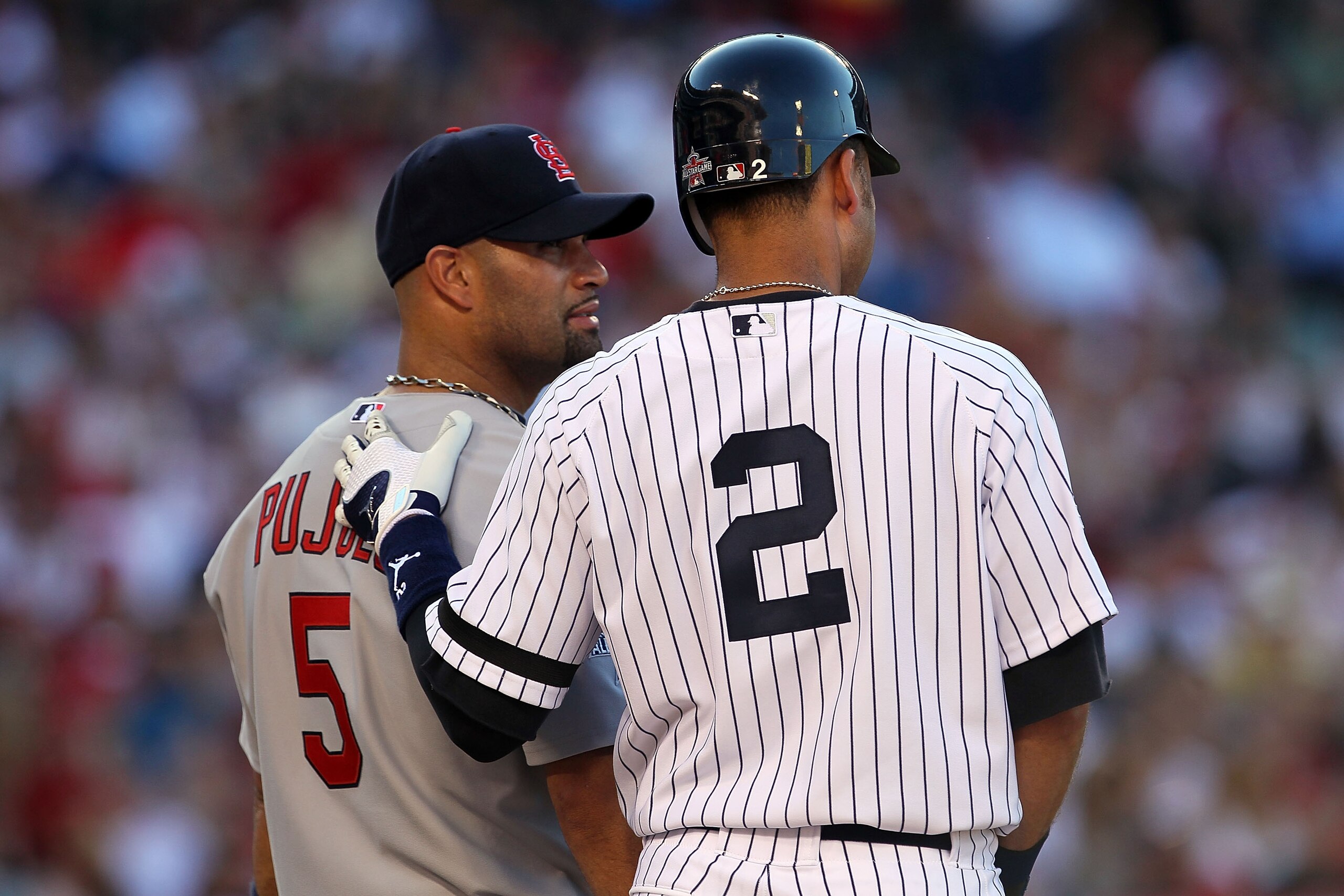ANAHEIM, CA - JULY 13:  National League All-Star Albert Pujols #5 of the St. Louis Cardinals and American League All-Star Derek Jeter #2 of the New York Yankees during the 81st MLB All-Star Game at Angel Stadium of Anaheim on July 13, 2010 in Anaheim, Cal