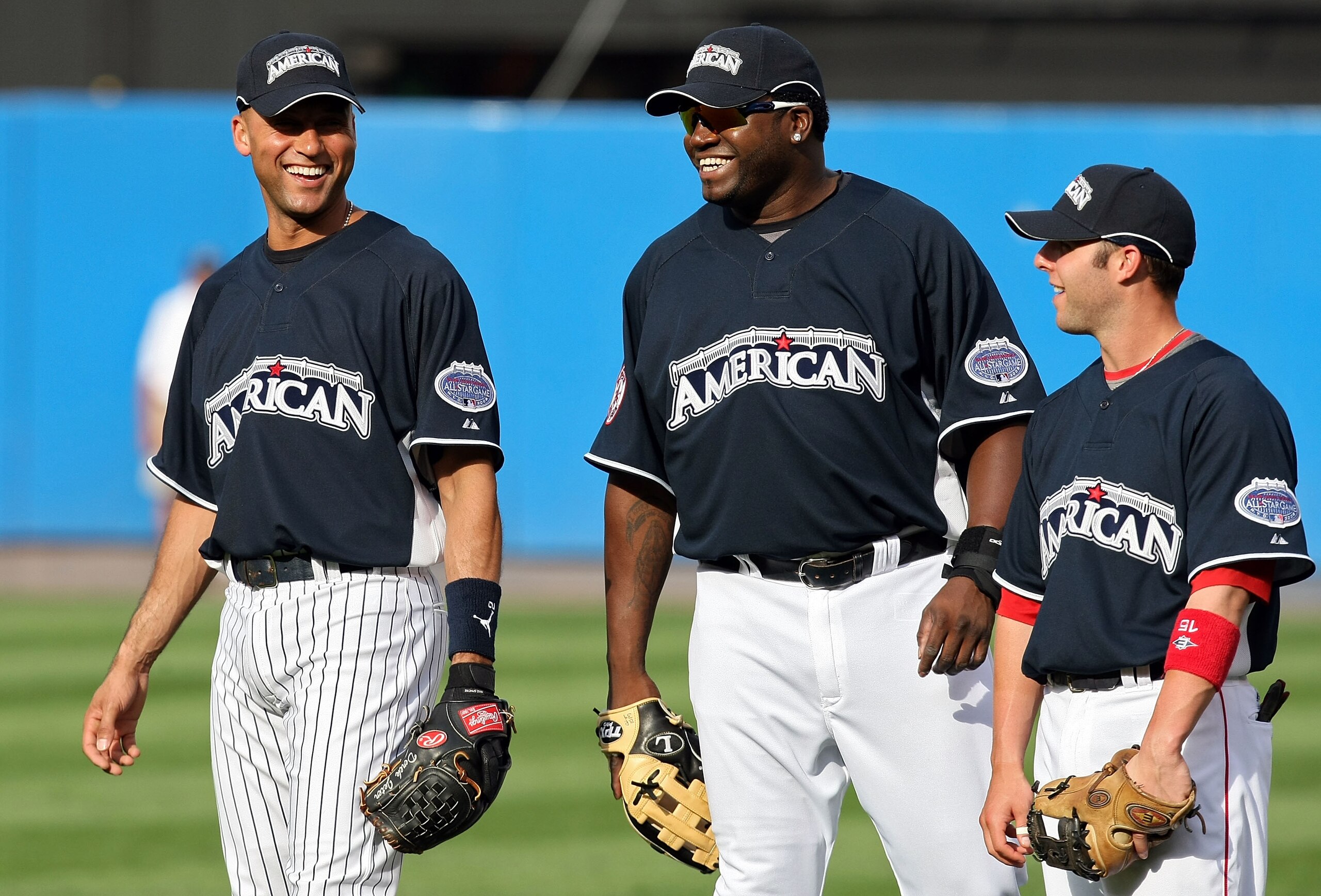 NEW YORK - JULY 14:  Derek Jeter of the New York Yankees, Dustin Pedroia and David Ortiz of the Boston Red Sox looks on during batting practice for the 2008 MLB All-Star game at Yankee Stadium on July 14, 2008 in the Bronx borough of New York City.  (Phot