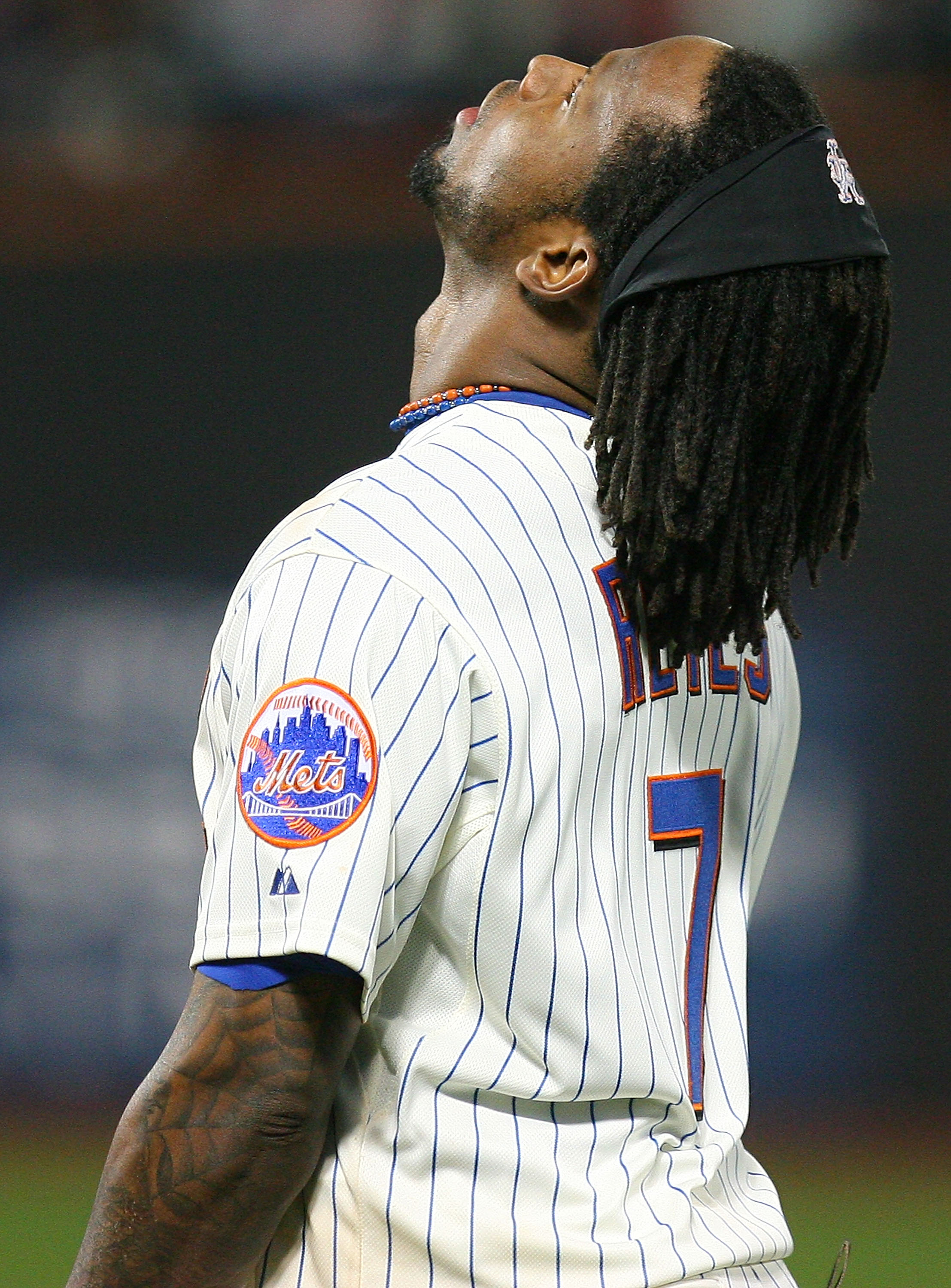 NEW YORK - SEPTEMBER 17:  Jose Reyes #7 of the New York Mets reacts after striking out against the Atlanta Braves on September 17, 2010 at Citi Field in the Flushing neighborhood of the Queens borough of New York City. The Braves defeated the Mets 6 - 4.