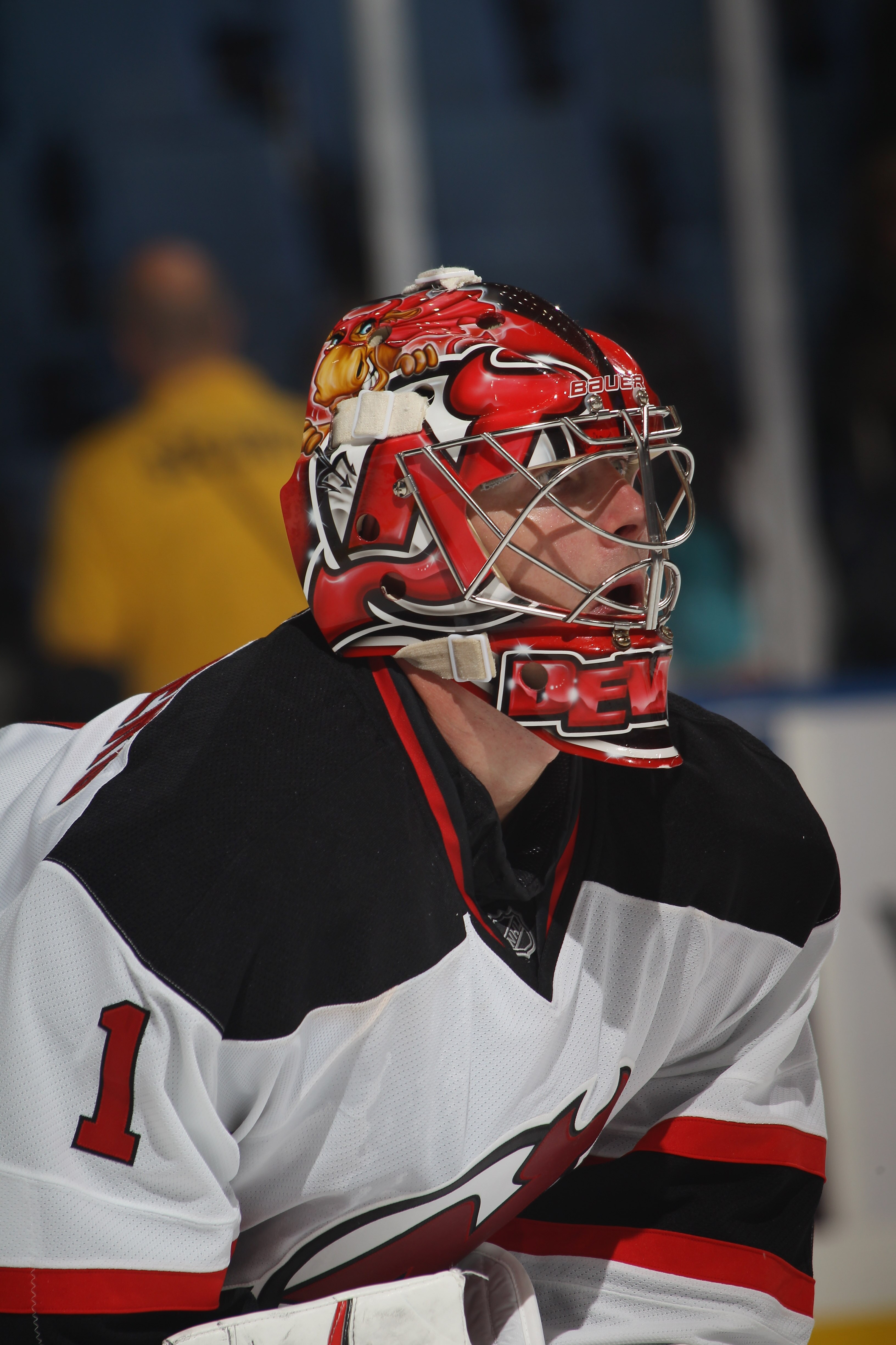 UNIONDALE, NY - OCTOBER 02:  Johan Hedberg #1 of the New Jersey Devils skates against the New York Islanders at the Nassau Veterans Memorial Coliseum on October 2, 2010 in Uniondale, New York. The Islanders defeated the Devils 2-1.  (Photo by Bruce Bennet