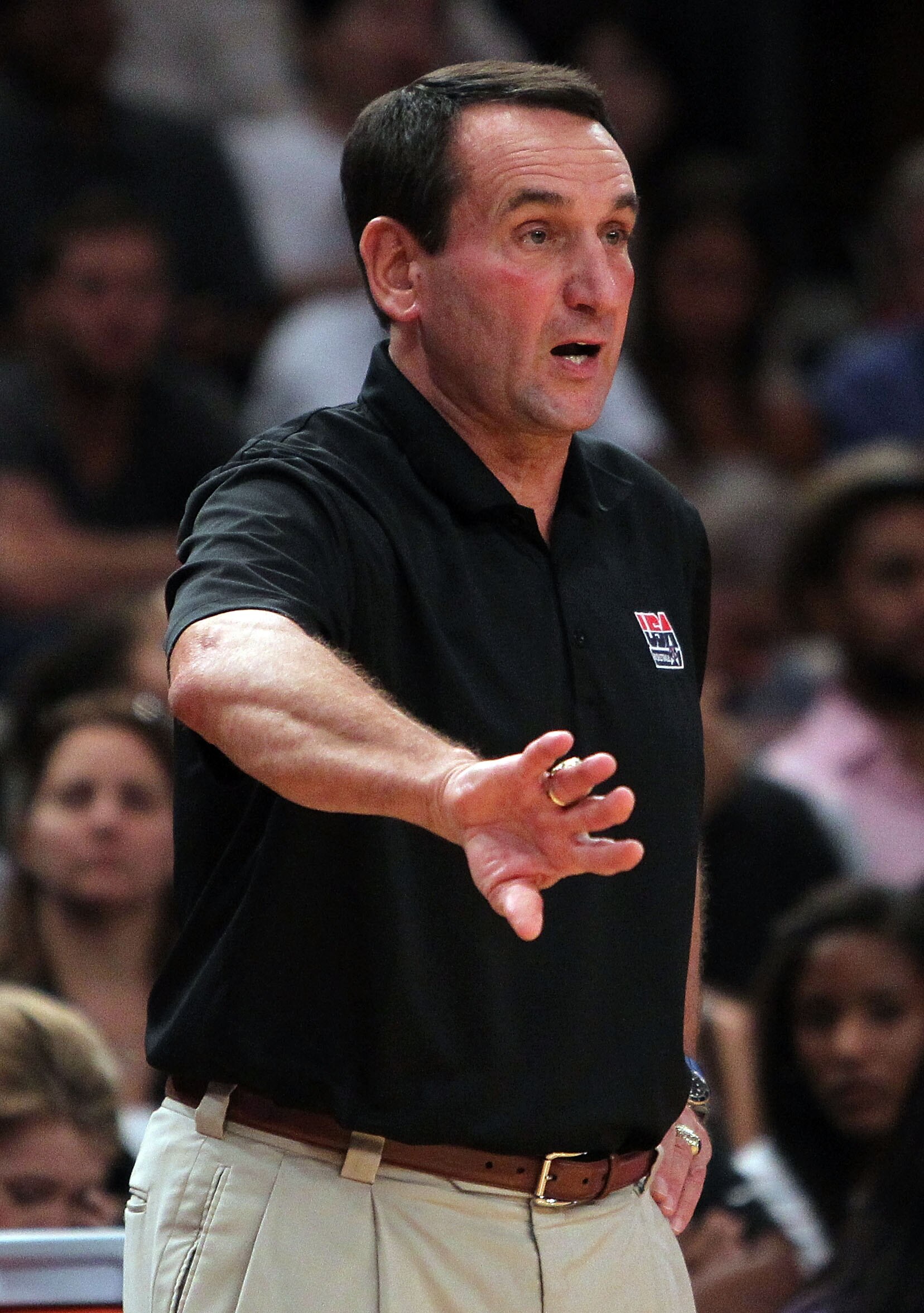 NEW YORK - AUGUST 15: Head coach of the United States, Mike Krzyzewski on the sideline against France during their exhibition game as part of the World Basketball Festival at Madison Square Garden on August 15, 2010 in New York City.  (Photo by Nick Laham