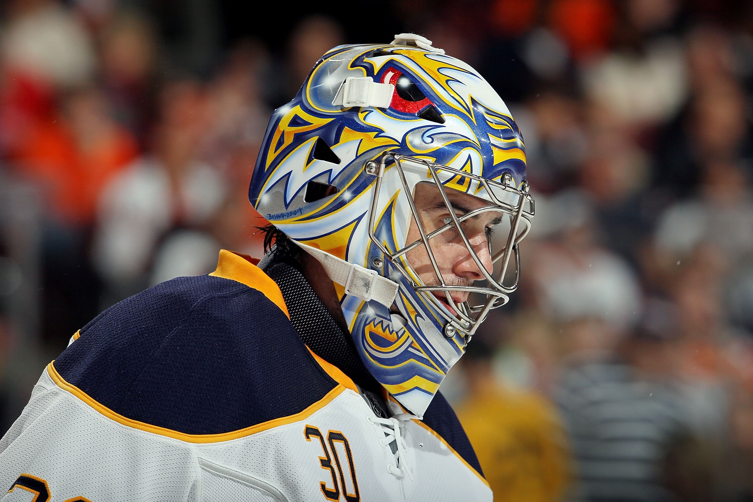 PHILADELPHIA - OCTOBER 26:  Ryan Miller #30 of the Buffalo Sabres skates against the Philadelphia Flyers on October 26, 2010 at Wells Fargo Center in Philadelphia, Pennsylvania. The Flyers defeated the Sabres 6-3.  (Photo by Jim McIsaac/Getty Images)