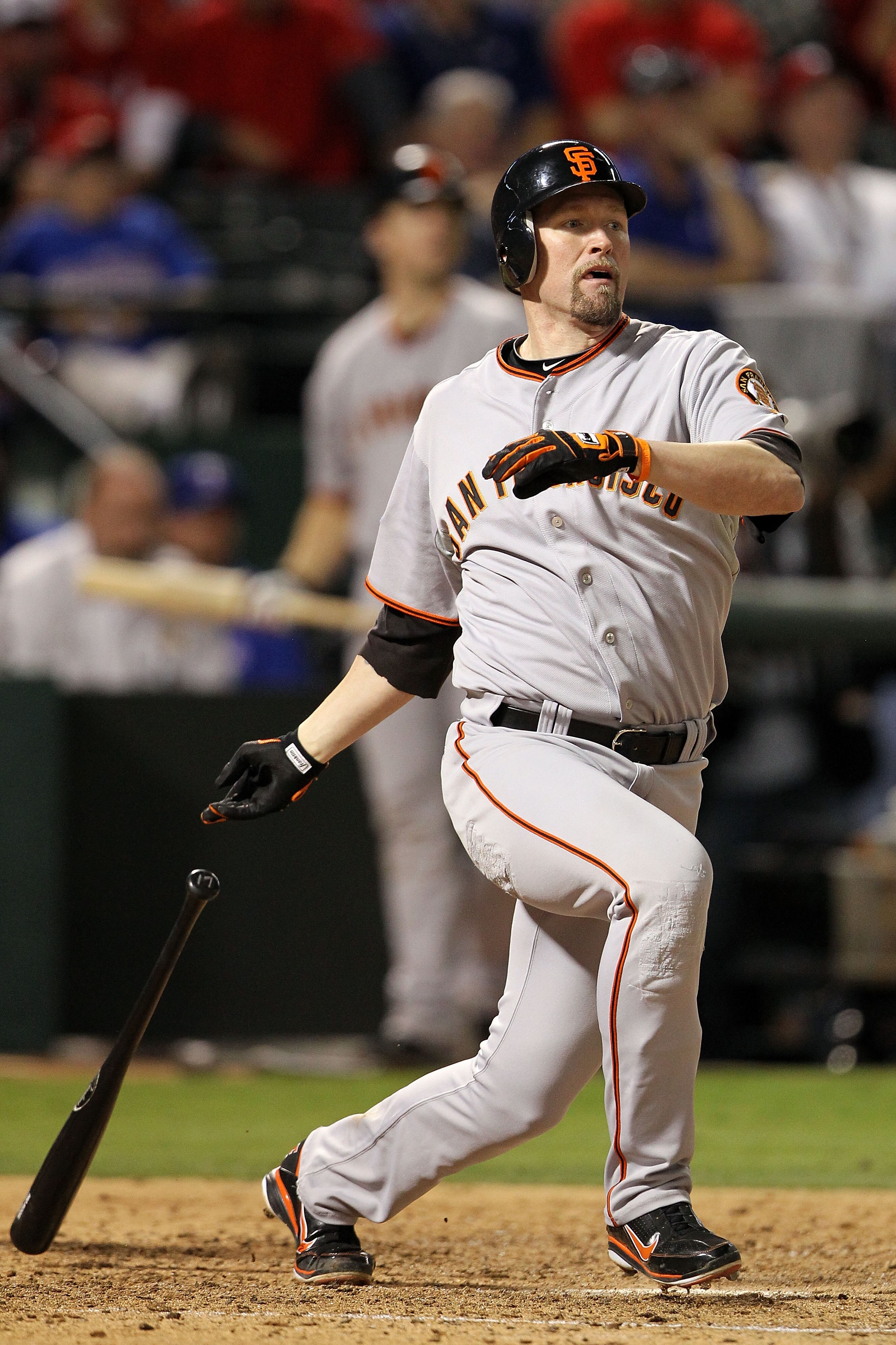 ARLINGTON, TX - OCTOBER 30:  Aubrey Huff #17 of the San Francisco Giants hits a double in the bottom of the sixth inning against the Texas Rangers in Game Three of the 2010 MLB World Series at Rangers Ballpark in Arlington on October 30, 2010 in Arlington