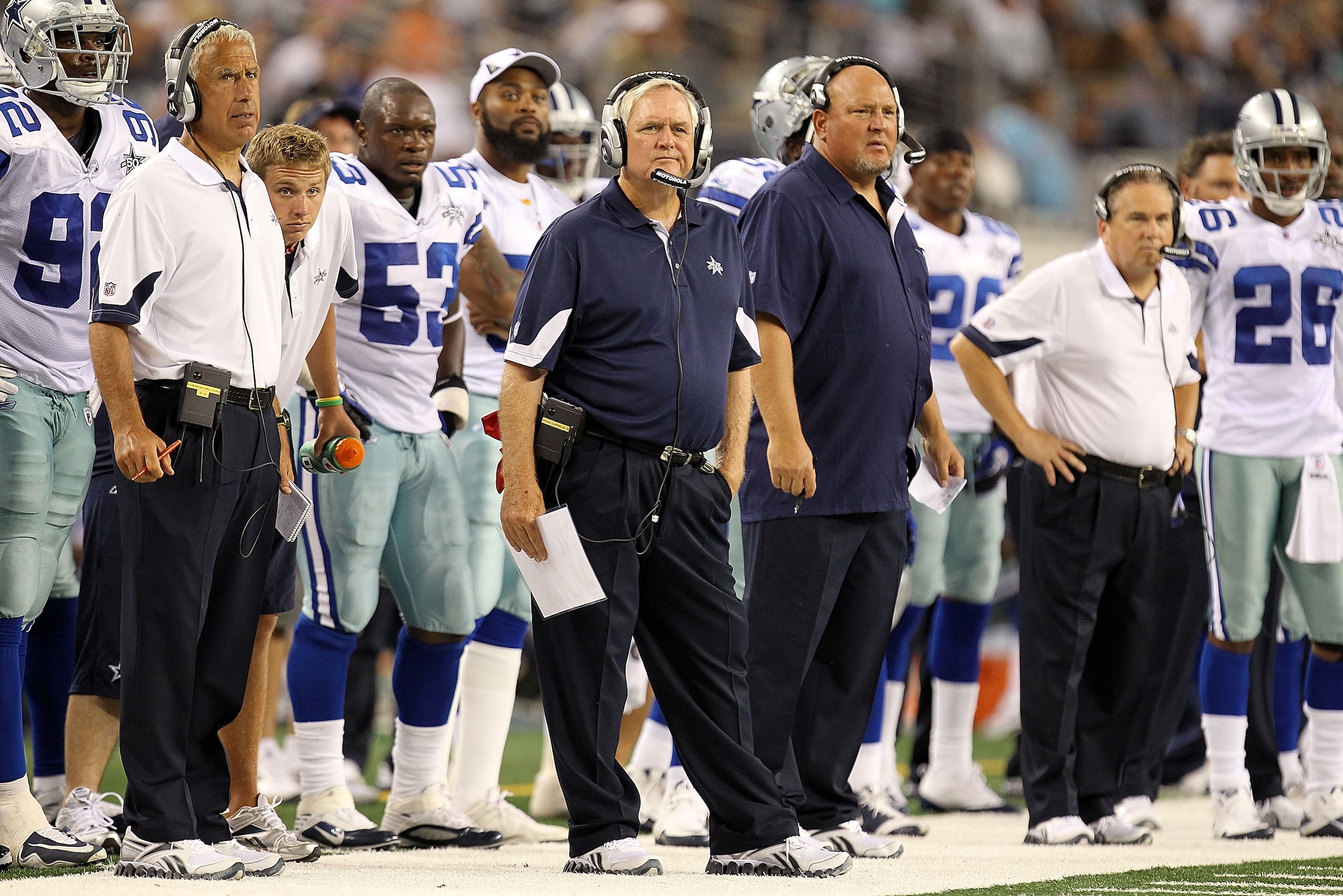 ARLINGTON, TX - SEPTEMBER 02: Head coach Wade Phillips of the Dallas Cowboys on the sidelines during a preseason game against the Miami Dolphins at Cowboys Stadium on September 2, 2010 in Arlington, Texas. (Photo by Ronald Martinez/Getty Images) ARLINGTON, TX - SEPTEMBER 02: Head coach Wade Phillips of the Dallas Cowboys on the sidelines during a preseason game against the Miami Dolphins at Cowboys Stadium on September 2, 2010 in Arlington, Texas. (Photo by Ronald Martinez/Getty Images)